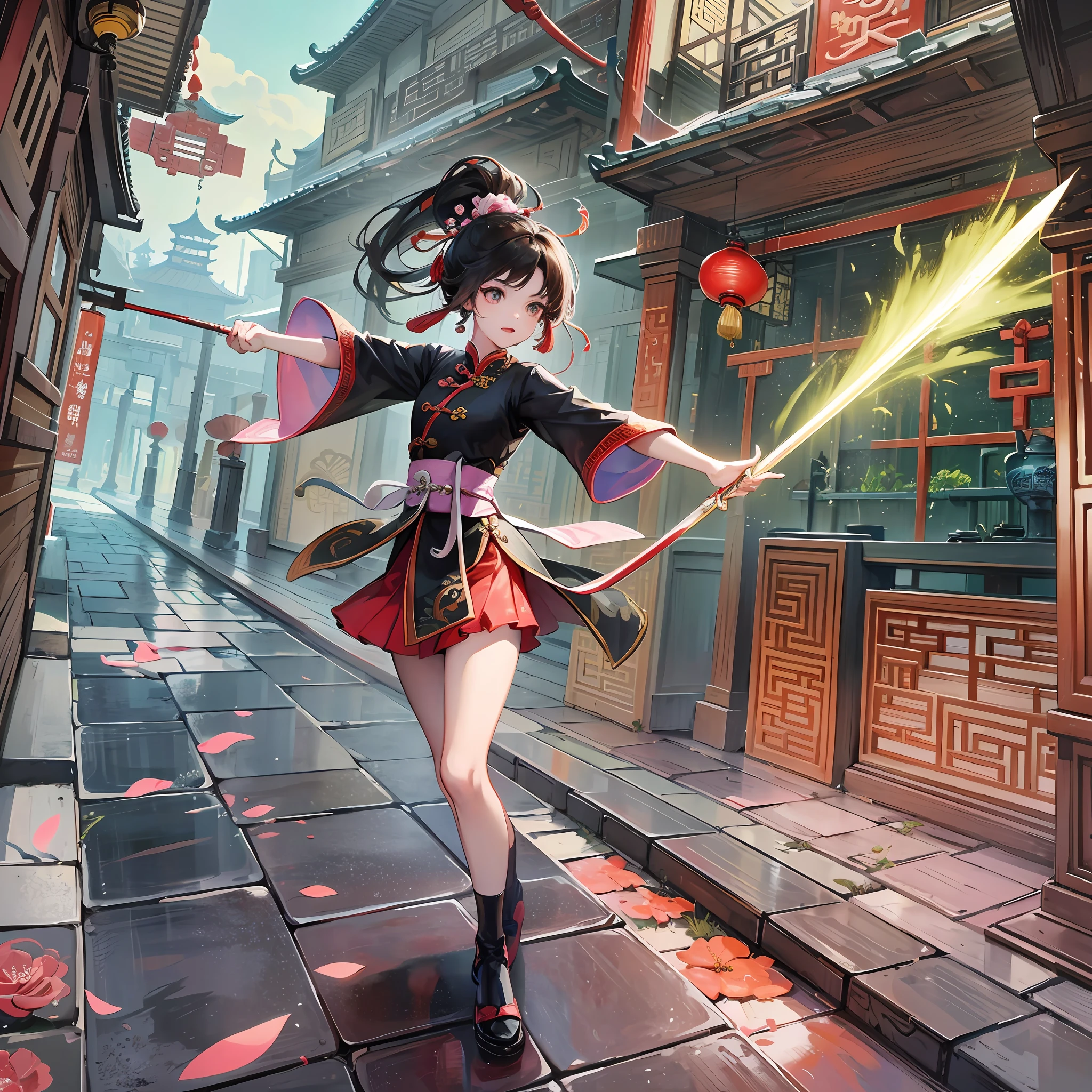 Help out a few pictures of girl wielding a sword colorful flying, traditional Chinese architectural background, Chinese style, face forward, RTX, dynamic animation, high quality pictures. --auto --s2