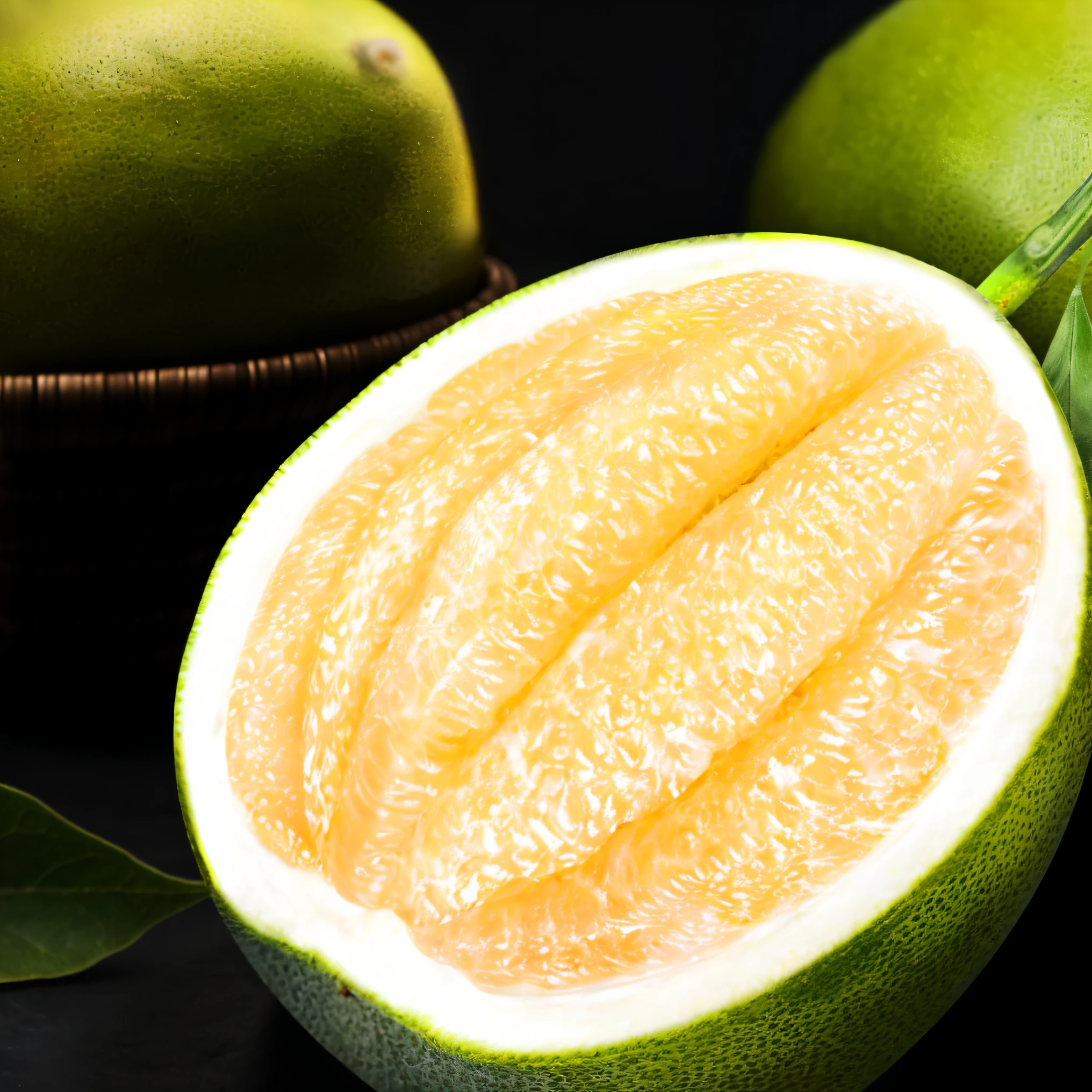 There is half cut grapefruit, revealing peeled flesh with a leaf on top, professional fruit photography, on dark background, tropical fruit, it has lemon peel texture, sliced grapefruit, on black background, whole grapefruit, on black background, grapefruit placed in bamboo basket, warm on dark black background, fresh, close-up food photography with lemon peel texture
