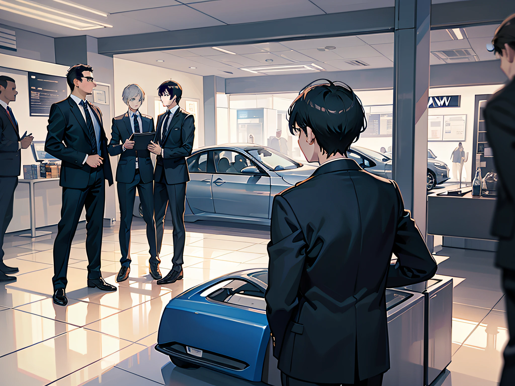 A group of BMW salesmen, at the door of the 4S store, gathered around the bustle