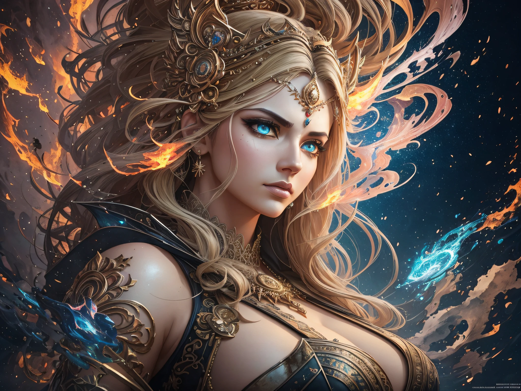 The artwork should have photo-realistic, ultra-realistic, hyper-realistic, ethereal random color Power Rage, 3d full shot, Goddes kali with rock jacket, blonde hair, standing pose, abstract alcohol ink, cosmic, outer space, and fire colors Artwork styles, highly detailed, highly detailed symmetric beautiful hazel eyes, highly detailed gorgeous face, dynamic pose, ethereal, mystical, Celestial beautiful Surrounding Goddess Parvati Angry in Rage Electricity Fire in the Whole Universe in style of artists like Russ Mills, Darek Zabrocki, Ivan laliashvili, Jean-Baptiste Monge. Ink Dropped in water, splatter drippings, paper texture, pulp Manga, and perfect shading, with dramatic lighting. The artwork should be centered, stylized, and elaborate. rendered in 8K resolution for high-quality detail, artstation, concept art, smooth, sharp focus, illustration, highly detailed, soft natural volumetric cinematic perfect light, intricate artwork masterpiece, female, rock and roll, 3d anime, six arms --auto --s2
