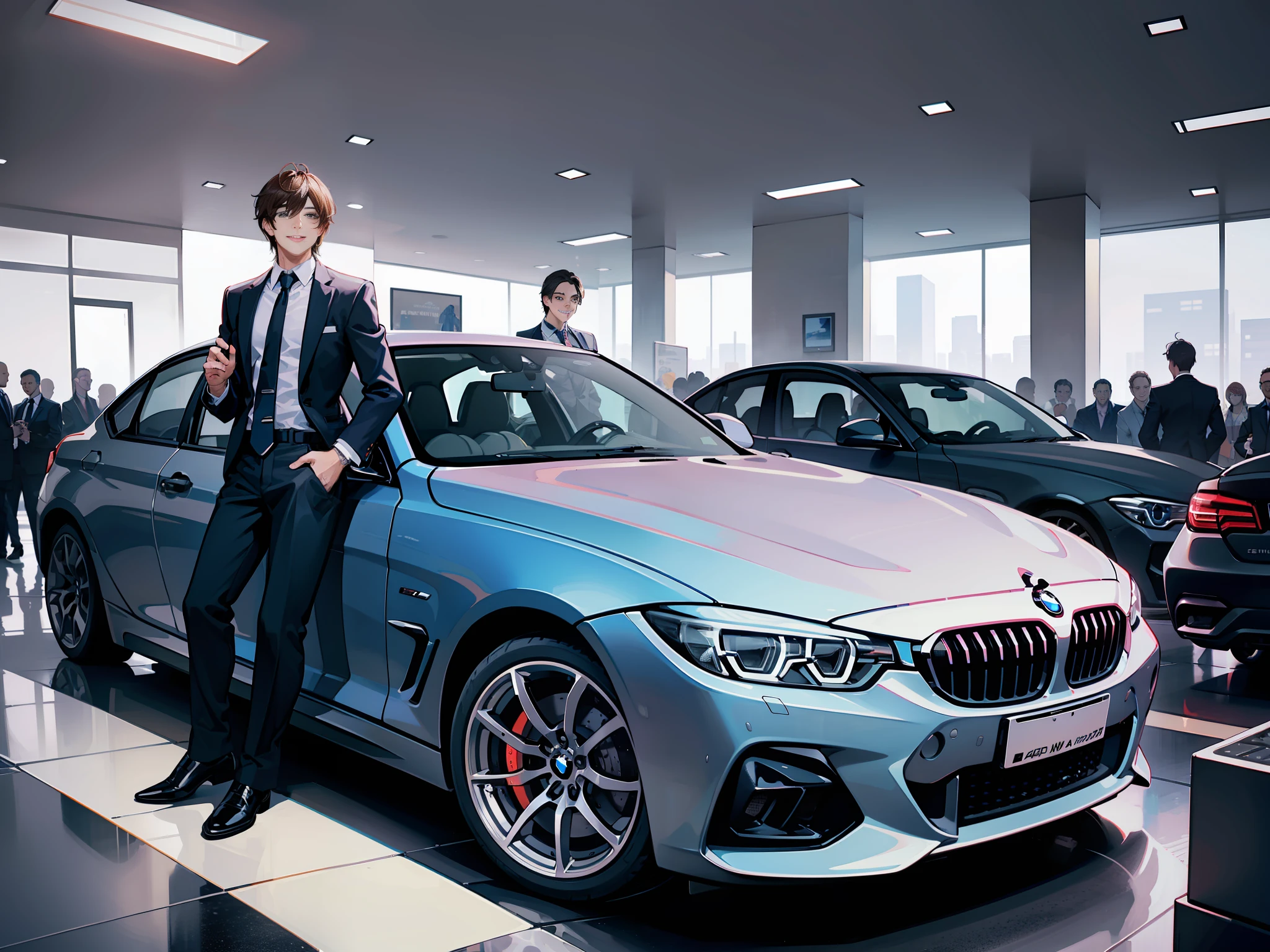 A man, confident and smiling, walked out of the door of the BMW 4S store surrounded by a group of salesmen