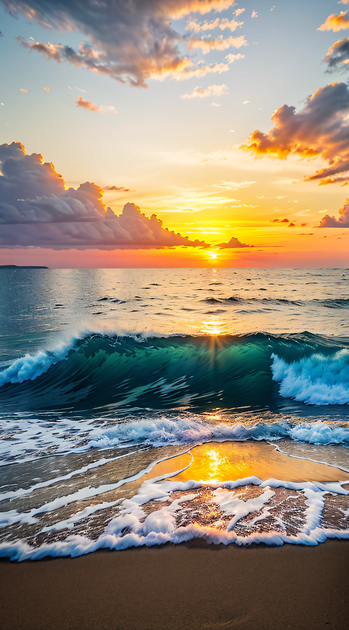 realistic photo wind, reality, sunset beach, very beautiful sunset, more delicate, island beyond the horizon, uninhabited, cloudless sky, gentle waves, sunset reflected on the surface of the water,
