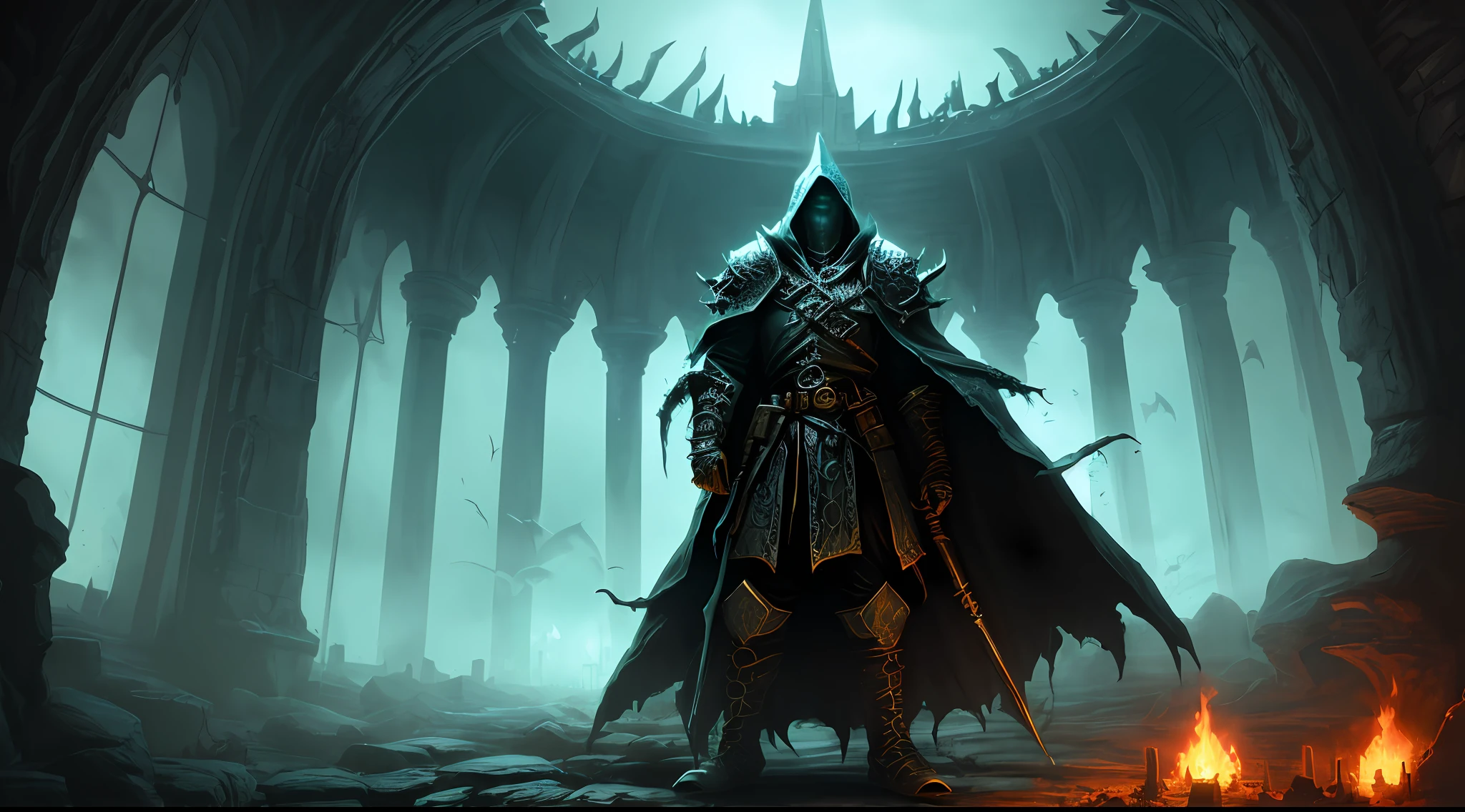 (extremely detailed 8k wallpaper), a wide shot of a fearful necromancer, in his lair, thematic background, cinematic filters, dynamic pose, intricate, high detail, dramatic, (extremely detailed), ultra-detailed