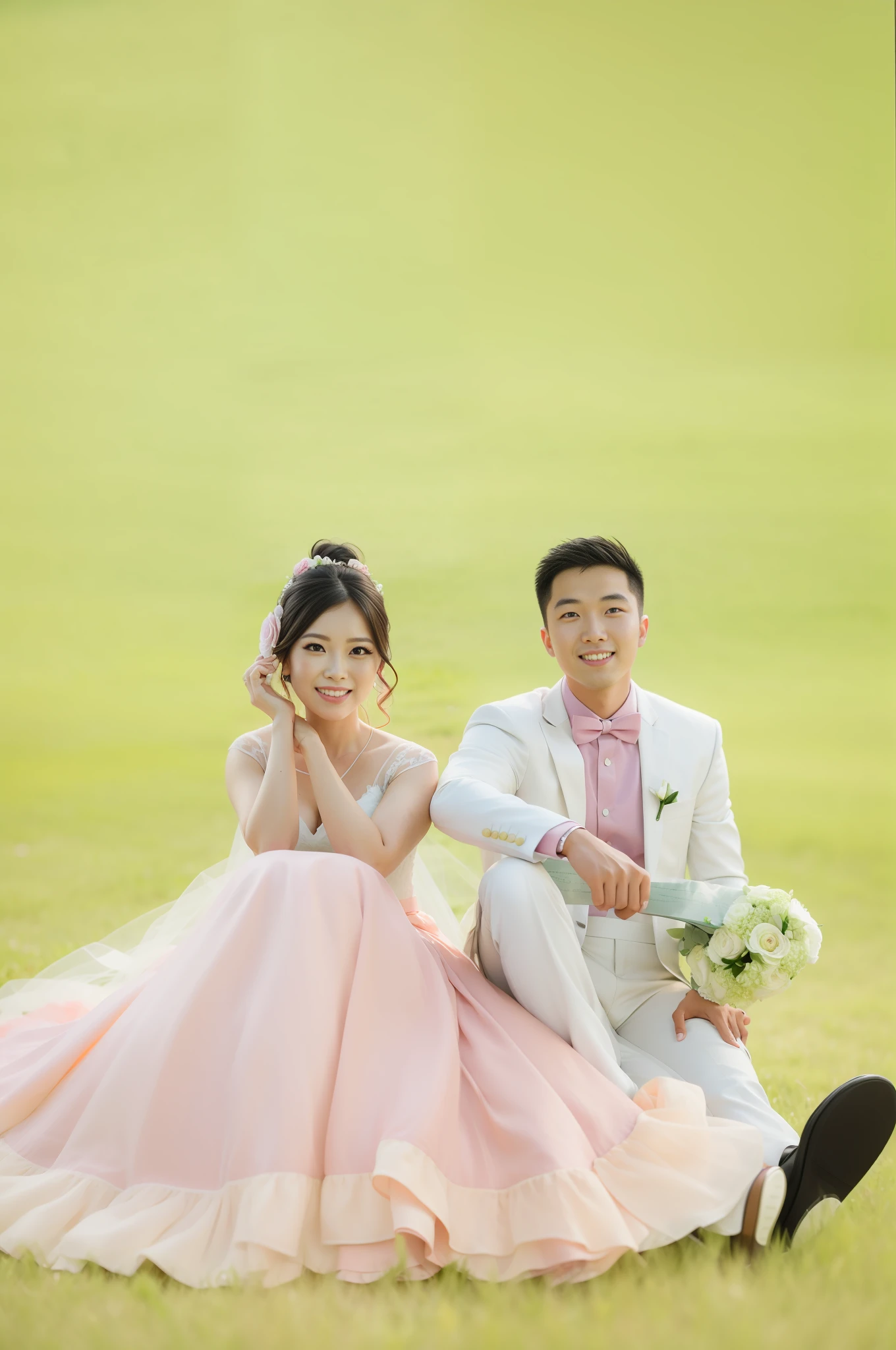 bride and groom sitting on grass in a field with flowers, wedding photo, professional wedding photography, lovely couple, wedding photography, happy couple, ruan jia and fenghua zhong, sha xi, bride and groom, getty images, photo taken with nikon d 7 5 0, photo taken with nikon d750, jia, wedding, yan
