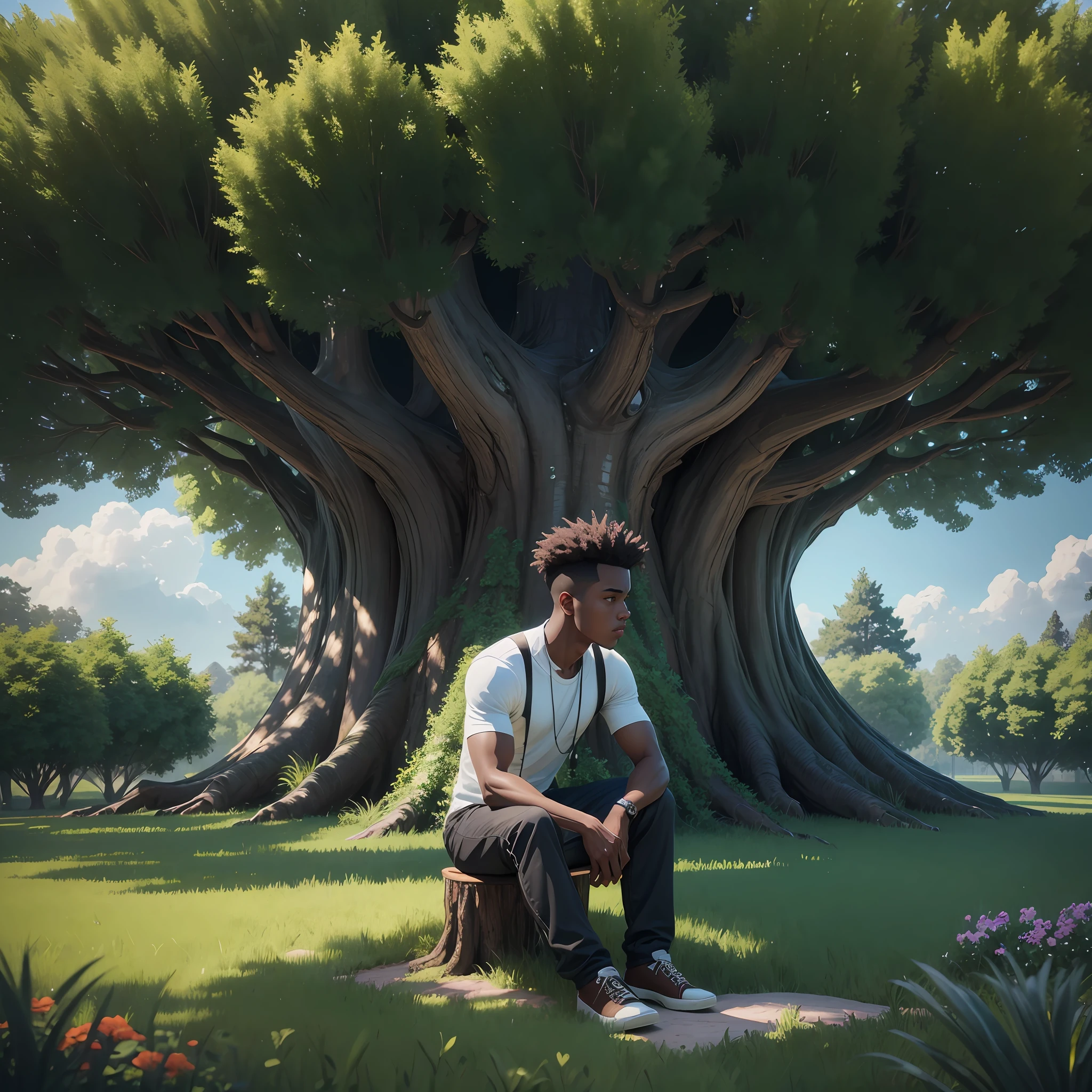 8k image, realistic, stylized 3d, big tree in the background, in the foreground a lawn that extends and goes through the tree, under the tree, there is a black boy, handsome, sitting, leaning against the tree, resting