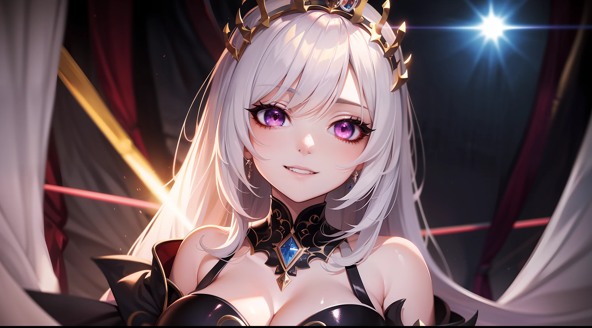 Princesa das trevas , Bloody Eyes, crown, evil smile, anime style, lens flare, high detail, first-person view, cinematic lighting, masterpiece, super detail, best quality, 8k, UHD, dark mode