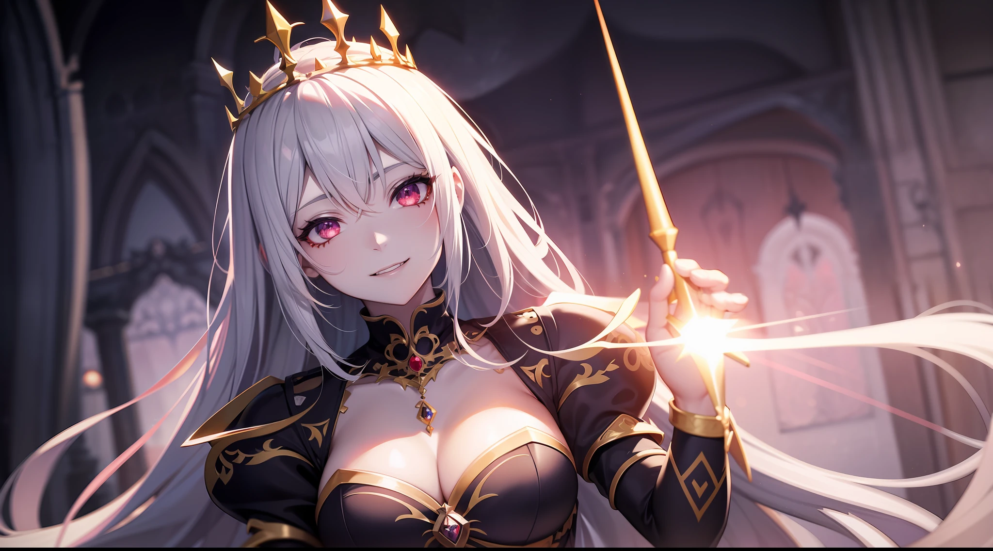 Princesa das trevas , Bloody Eyes, crown, evil smile, anime style, lens flare, high detail, first-person view, cinematic lighting, masterpiece, super detail, best quality, 8k, UHD, dark mode