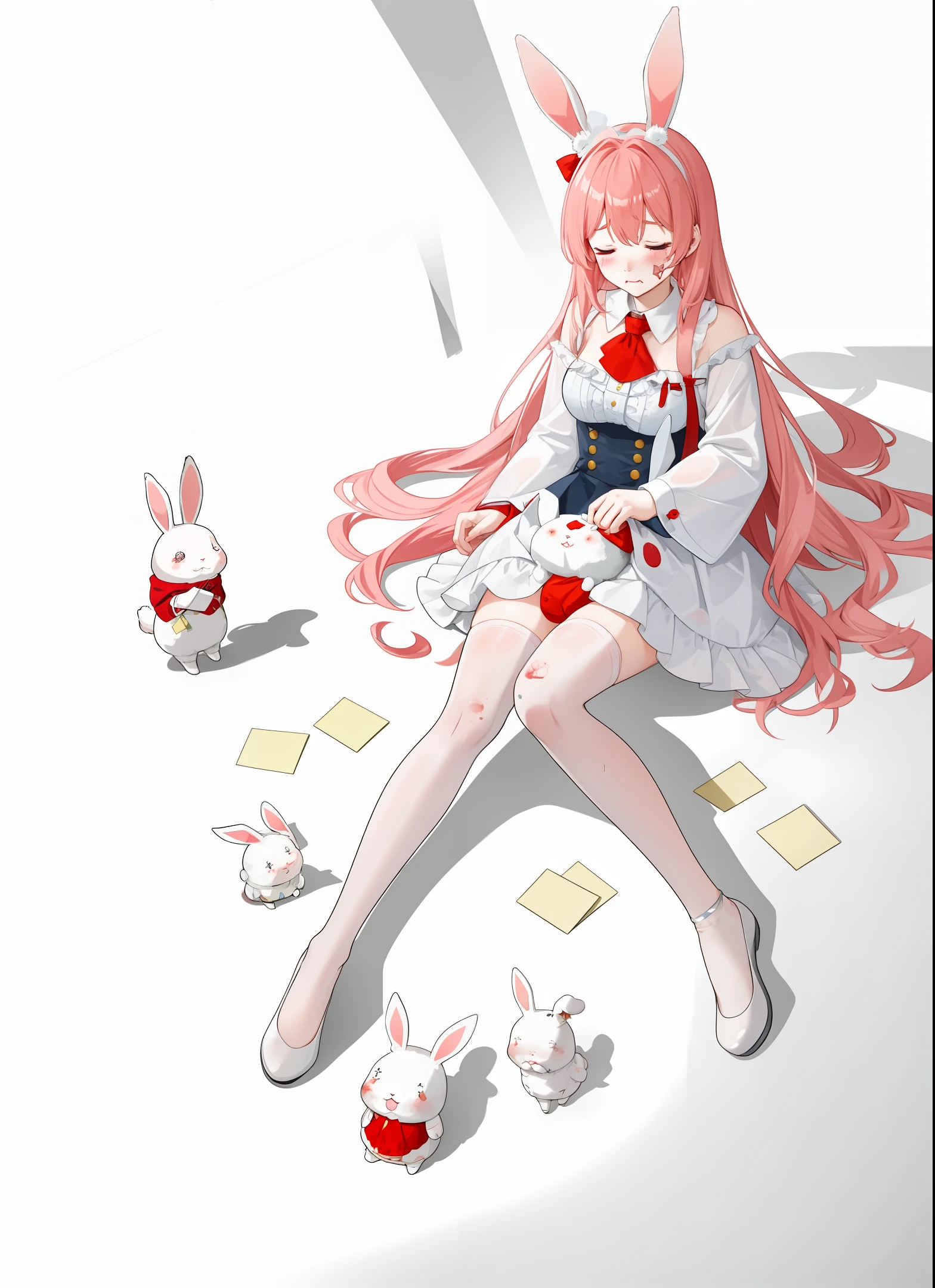 The injured rabbit doll vomits blood with its eyes closed