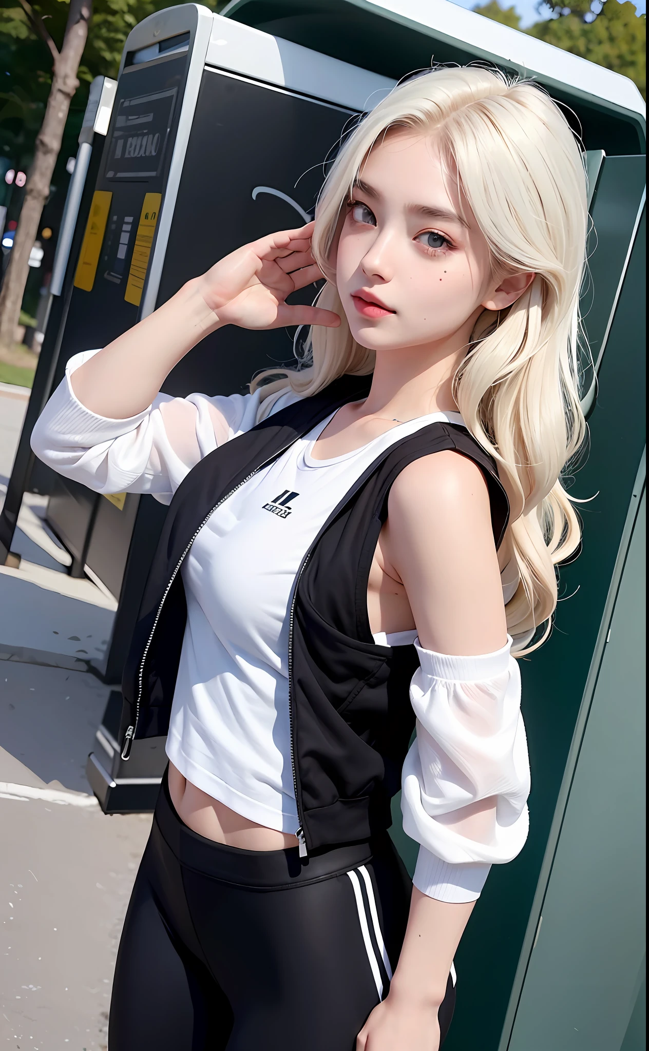 (Masterpiece, realistic, high resolution), ((1 girl): 1.2), Korean, ((white wavy hair): 1.3), (heterochromic eyes: 1.1, thick eyebrows, small moles under the eyes), (black sports vest, black sports pants), ((medium breasts): 1.2, small waist, thighs), on the street, leaning against the phone booth, wide angle, a little bigger viewing angle