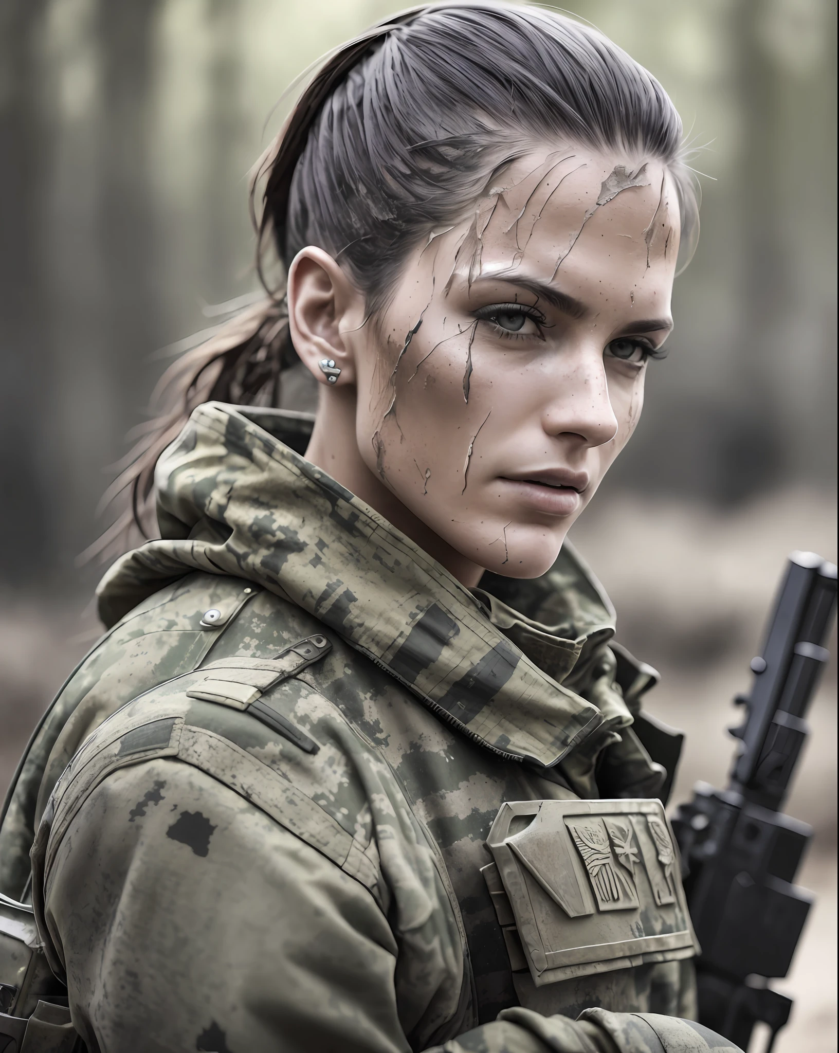 modelshoot style, (extremely detailed 8k wallpaper),a medium shot photo of a sexy female soldier, American ERDL Lowland CAMO, Intricate, High Detail, dramatic, elite military forces real world, fantastic location, battle environment, rugged harsh situation soldier, action shot, skin pores, very dark lighting, heavy shadows, detailed, detailed face, (vibrant, photo realistic, realistic, dramatic, dark, sharp focus, 8k), (weathered greasy dirty damaged old worn military soldier outfit:1.3),