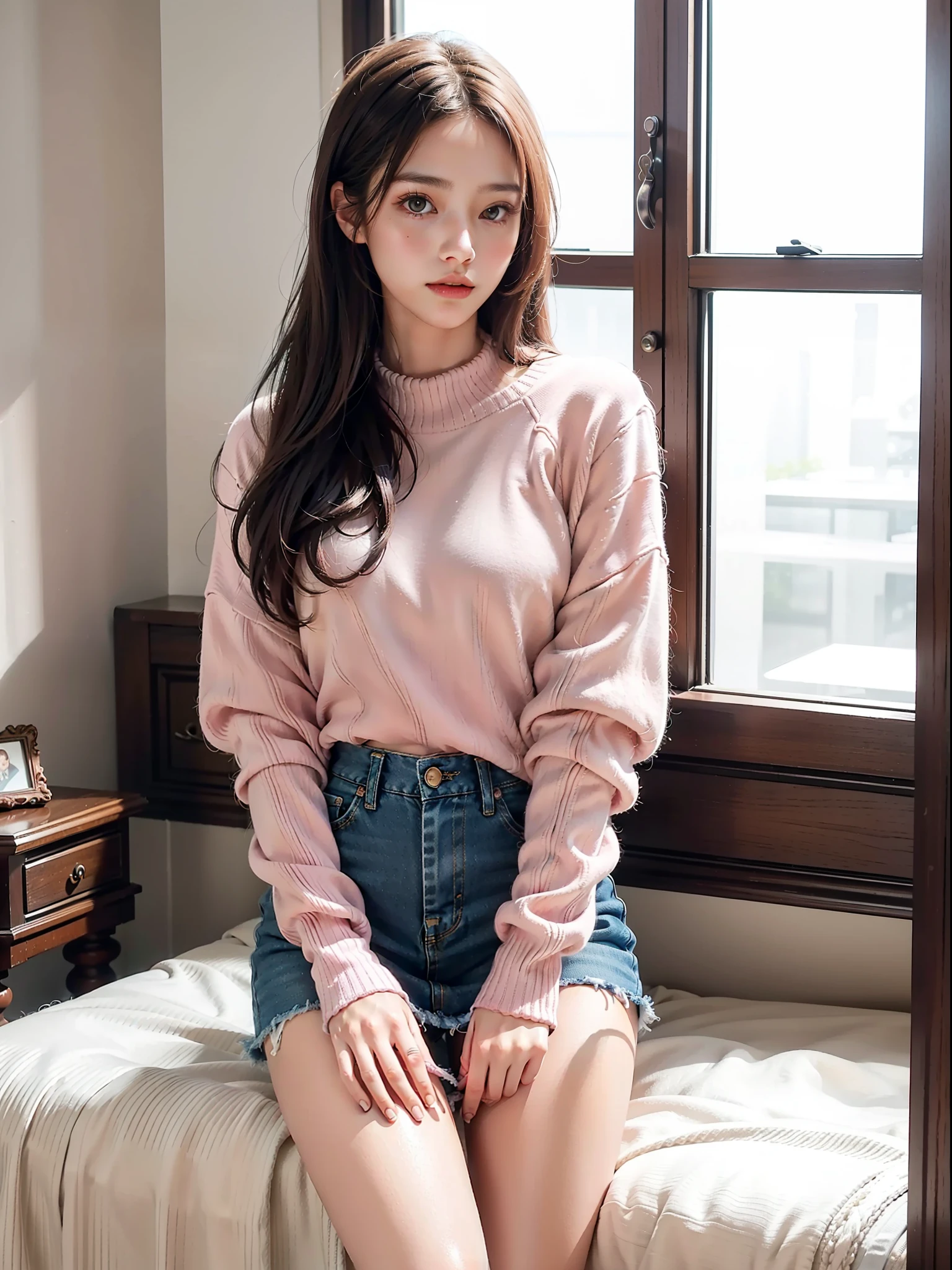Image quality, high quality, realistic, high-quality outfit, detailed and delicate skin, light makeup, indoors, knitwear, long sleeves, pink, denim mini skirt, skinny, semi-long hair, thin legs, whitening