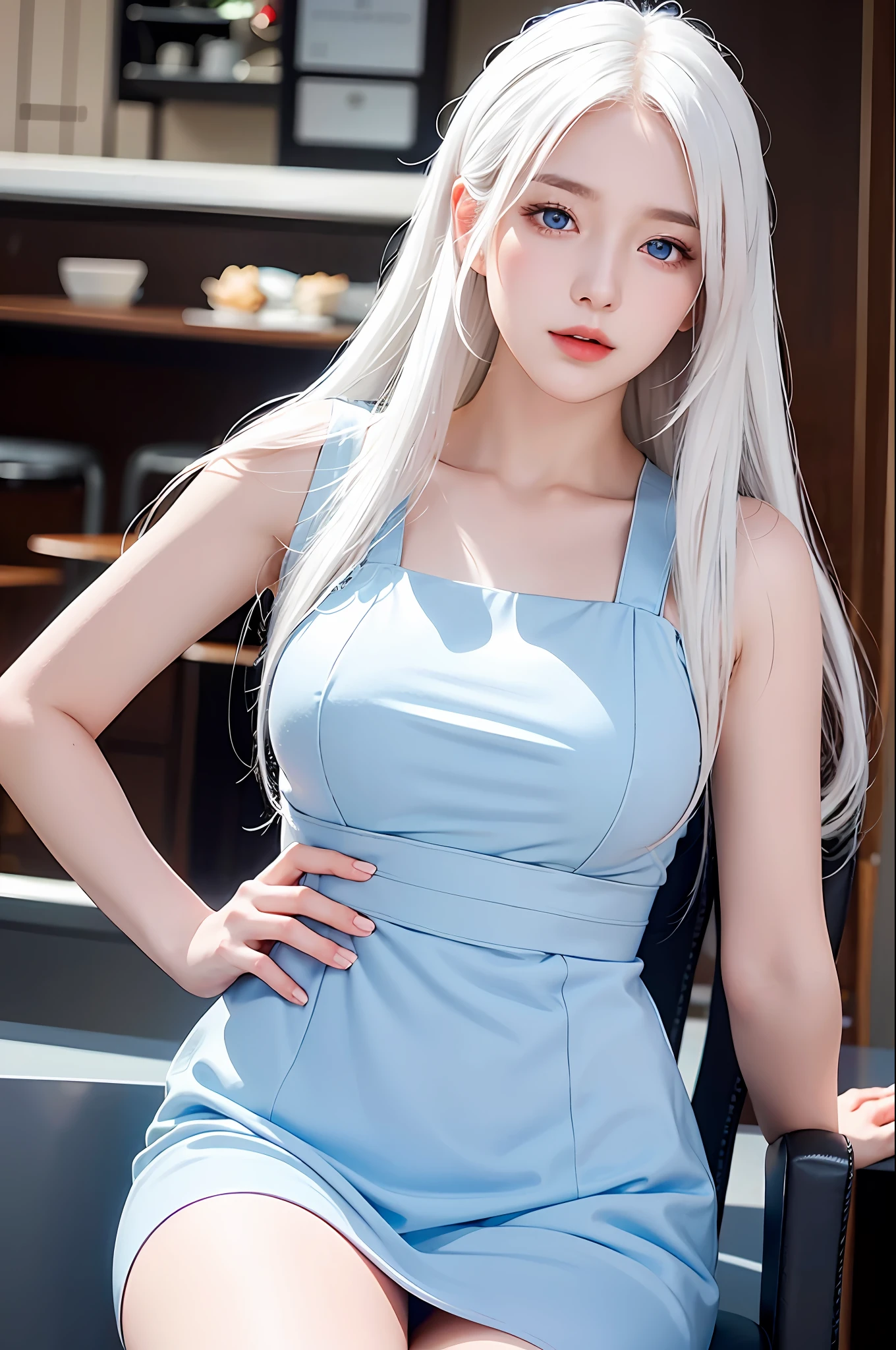 Realistic, high resolution, 1 girl, white hair, Korean, blue eyes, dress, in café