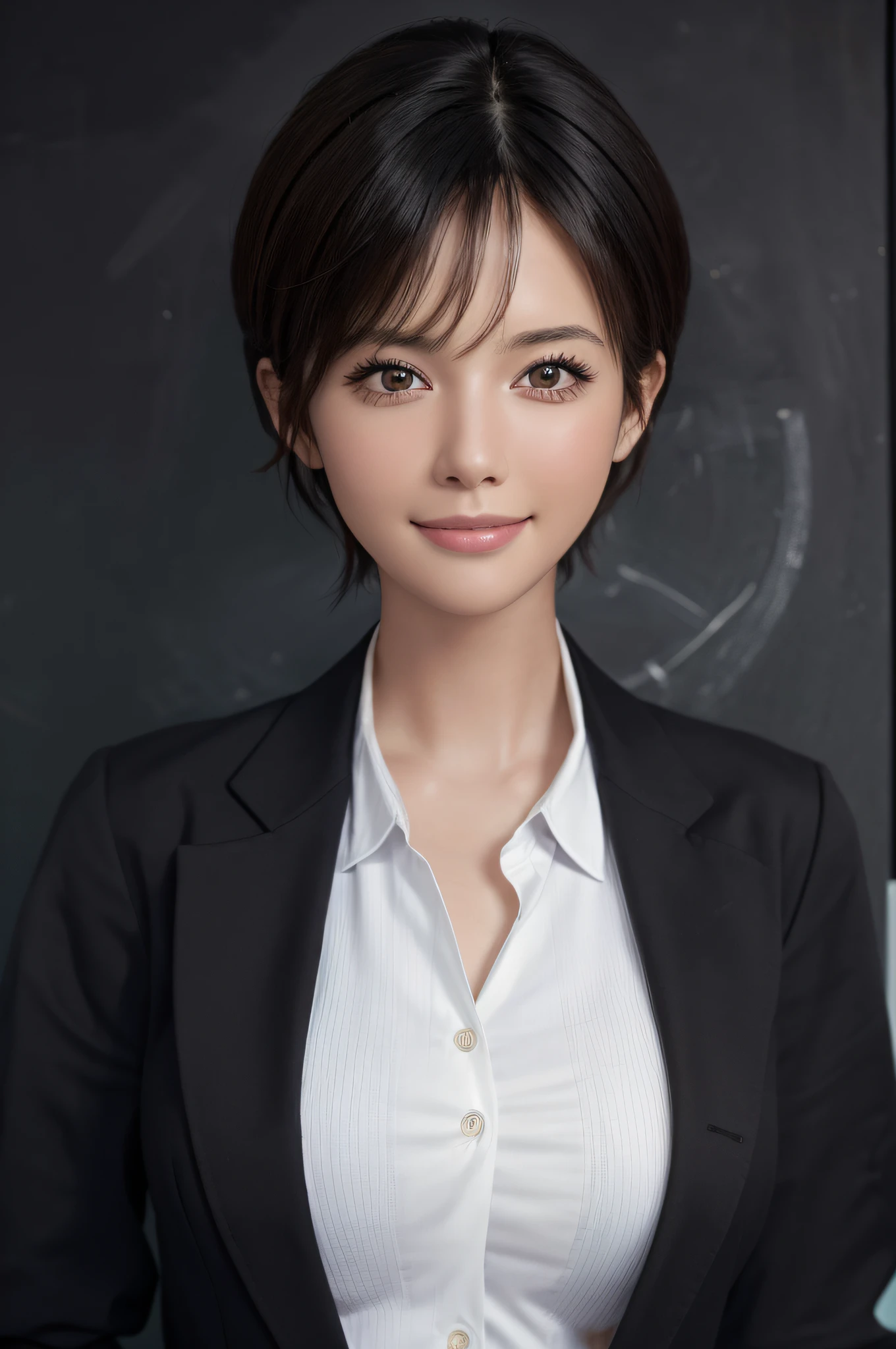 (Masterpiece: 1.3), (8k, Photorealistic, RAW Photo, Best Quality: 1.4), (1girl), Beautiful Face, (Realistic Face), (Black Hair, Short Hair: 1.3), Beautiful Hairstyle, Realistic Eyes, Beautiful Detail Eyes, (Realistic Skin), Beautiful Skin, Black Suit, White Shirt, Attractive, Ultra High Definition, Ultra Realistic, High Definition, Golden Ratio, Smile, Female Teacher, Neat, Clean, Blackboard, Classroom , Front Face, Cute, Black Jacket, Front View