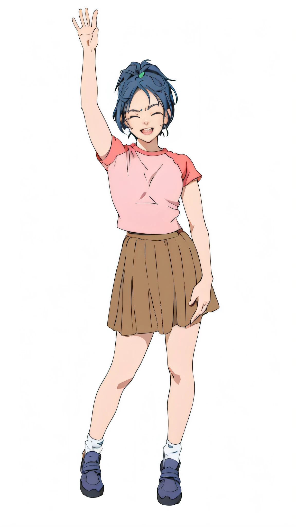 Cartoon girl waving in skirt, Aya Takano color style, pose (arms up + happy), anime girl, various poses, anime pose, girl standing, young girl, anime woman, in the art style of 8 0 s anime, female anime character, anime full body illustration, inspired by Rei Kamoi, standing painted shadow, highlight, delicate face, closed eyes, smile, details, top quality,