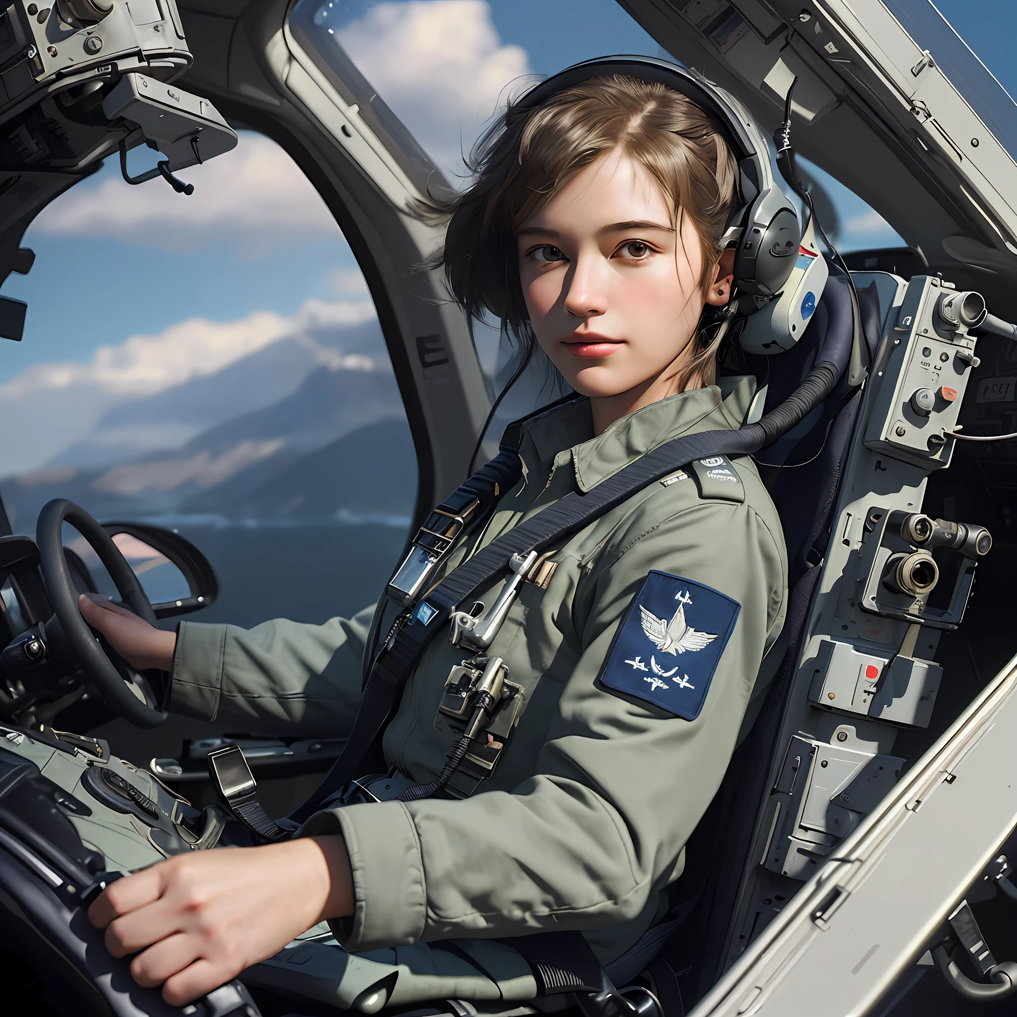 "(((Best Quality)))), (((Ultra Detail))), (((Masterpiece))), illustrations, 'Female pilot in the cabin', 'Realistic', 'High resolution', 'Focus on pilot's uniforms, equipment and cockpit controls', 'Contrasting color schemes to highlight pilots', 'Subtle and natural lighting effects, equipment detail optimization'"