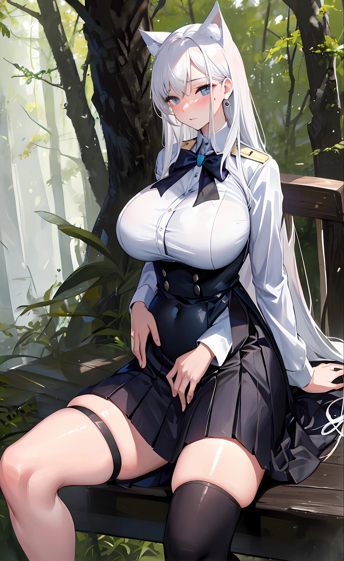 Big breasts, sexy, fleshy legs, delicate facial features, bumpy figure, blushing, cat ears, open-chested skirt, white silk, white hair, JK uniform, sitting, in the forest