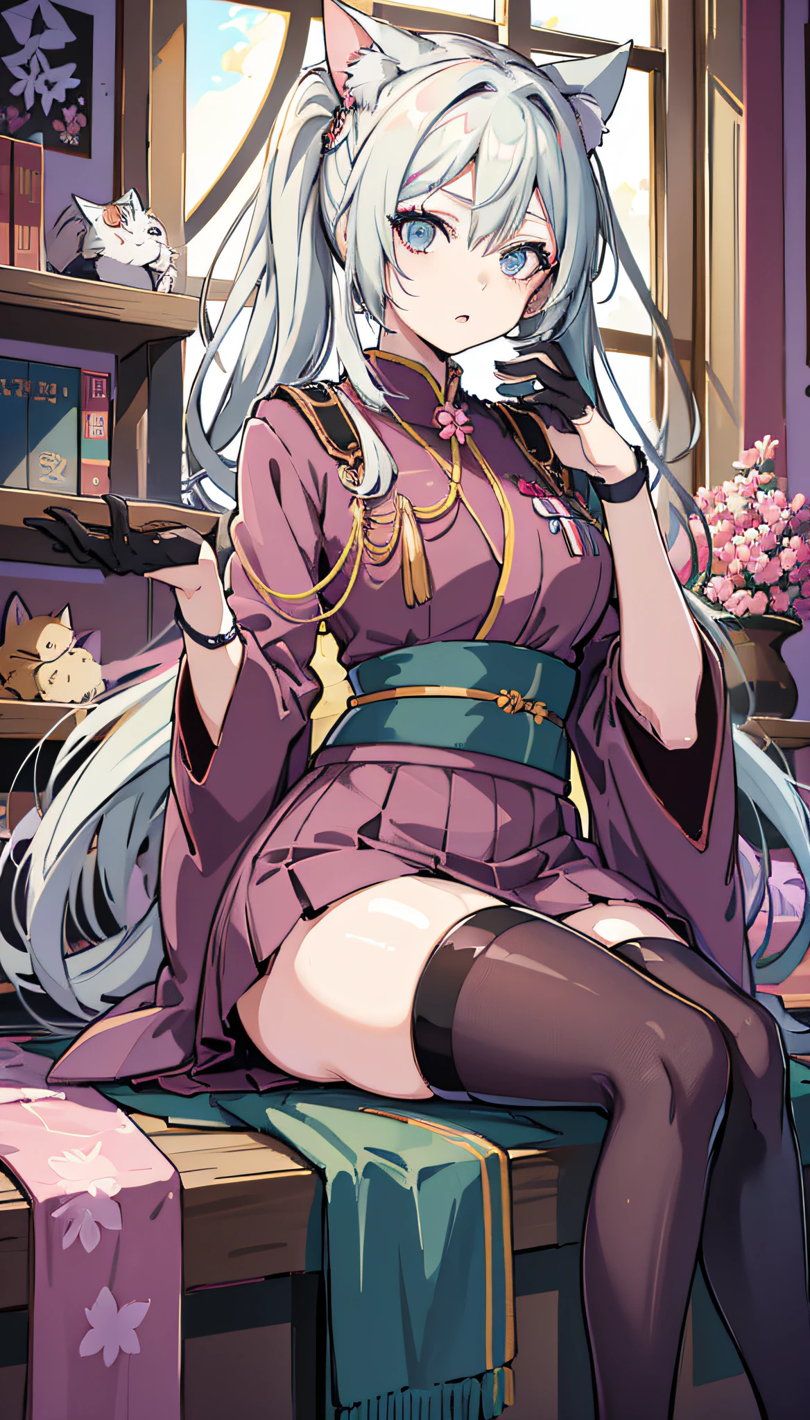 Colorful hair and colorful dress in anime ((cat-eared 1girl)), kimono pastel vivid, rossdraws cartoon vivid, anime style 4k, beautiful anime portrait, artgerm colorful!!!、! dream art germ, beautiful anime, cat ear 1girl, anime style digital art, anime art wallpaper 4k, anime art wallpaper 4k, digital anime art, highly detailed art germ, commander uniform, stockings, full body, sitting in her office, white haired