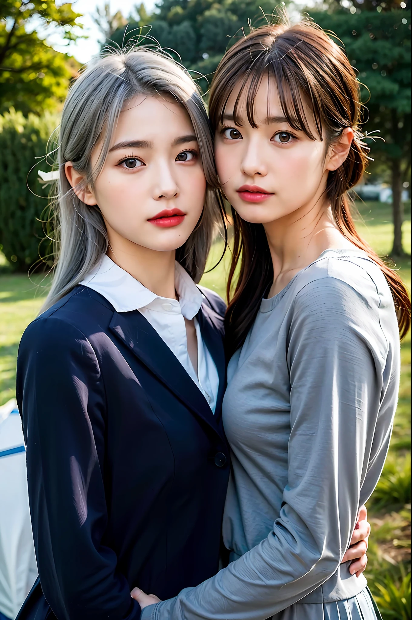 Best Quality, Ultra High Resolution, (Realistic:1.4), Two Girls,
JK uniform, schoolgirl,
(faded gray gray hair: 1), (small breasts: 1.2), outdoor camping background, close-up