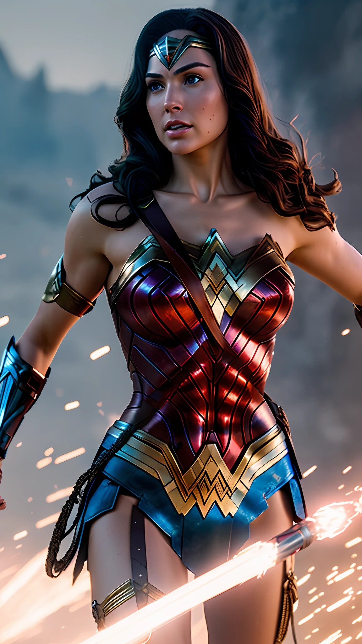 wonder woman, red and blue armor, photography, soft lighting, soft details, octane, artstation trending, ultra high detail, ultra realistic, cinematic,16k