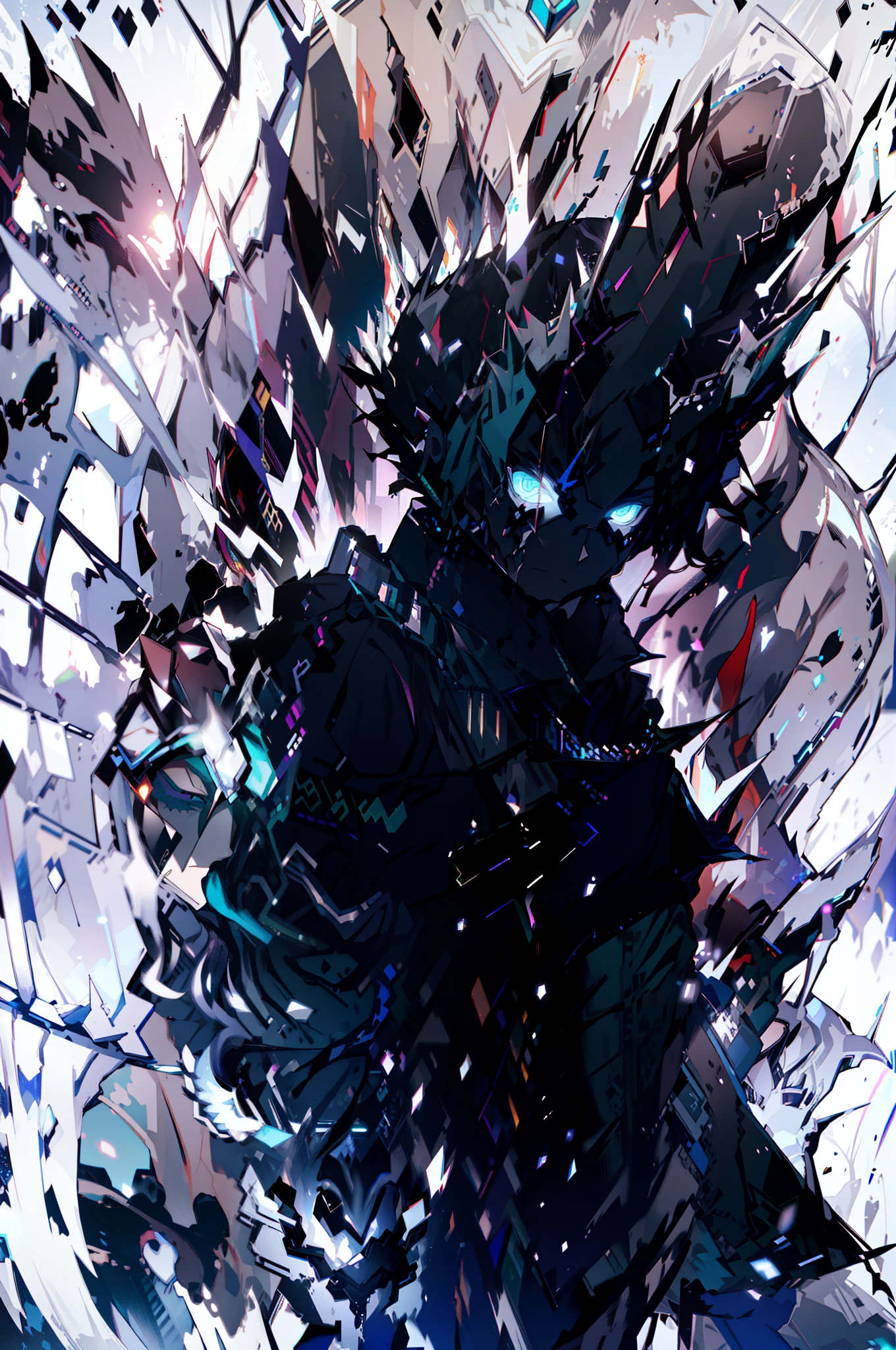 Cyberpunk Man, Elf Ear, Fantasy World, Dark Background, Clean Design, Epic Instagram, Artstation, Colorful Paint Splash, Silhouette, Ultra Detailed Intricate Details, Unreal Engine, Fantasy, Intricate Details, Start Screen, Complementary Colors, Fantasy Concept Art, 8K Resolution, Deviantart Masterpiece, Oil Painting, Heavy Stroke, Paint Drip, (Isolated on White Background: 1.3), Rainbow Skin, (((Handsome Young Man))) , ((teenage:1.5)), (glowing blue eyes), ((eyes with light)), (((short white hair: 1.1))), ((black)), (prince\\(indifferent expression\\), (((wearing high-detail luxury black robes))), white hair, elf ears, pointed ears, round sunglasses, black glasses, frost magic, ((pectoral muscles) --v 6
