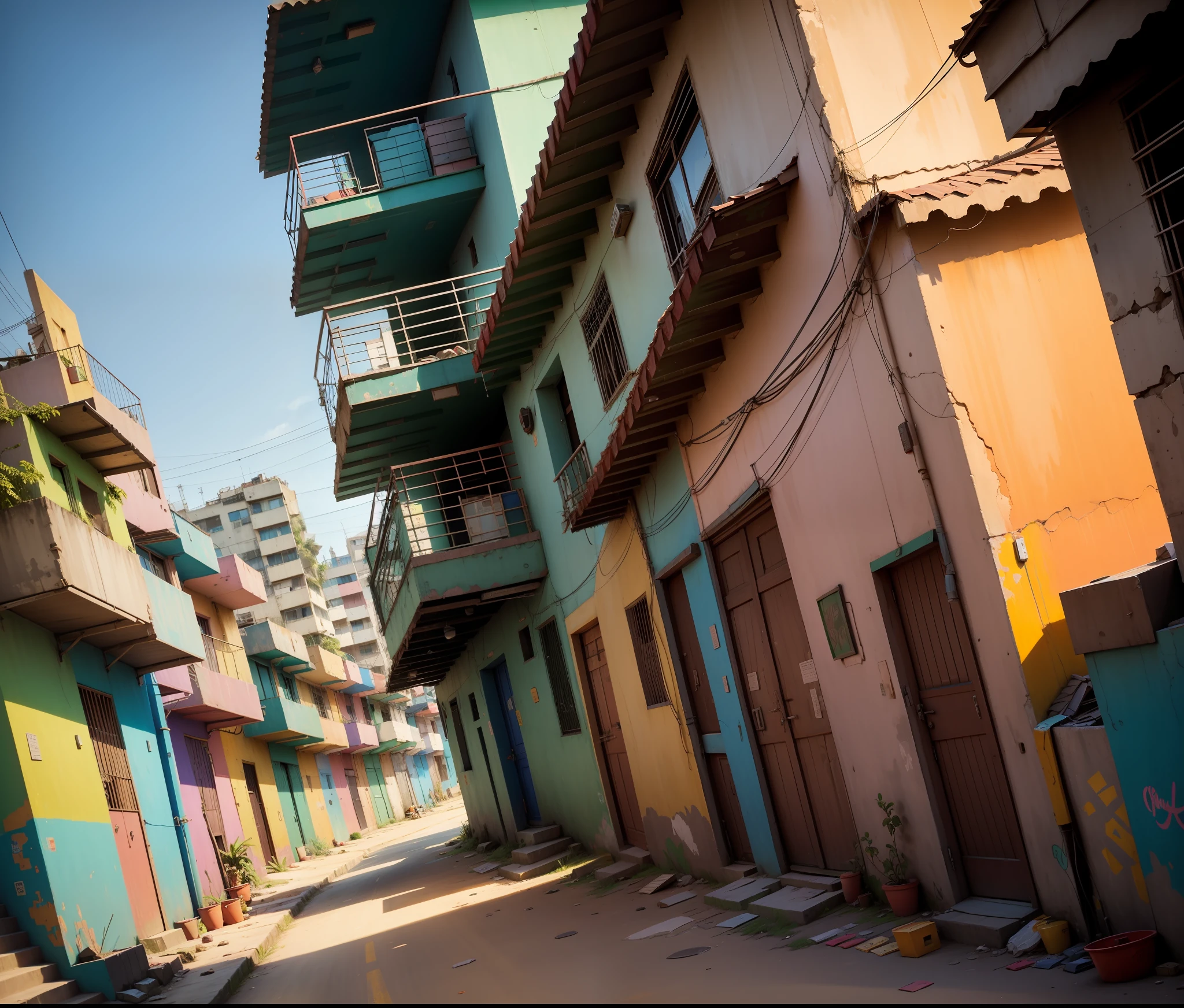 Low angle, GTA V, colorful buildings in a city, favela, an opulent favela environment, favela são paulo, favelas, colorful city, colorful buildings, ancient ruins favela, favela sculpture, colorful buildings, colorful houses