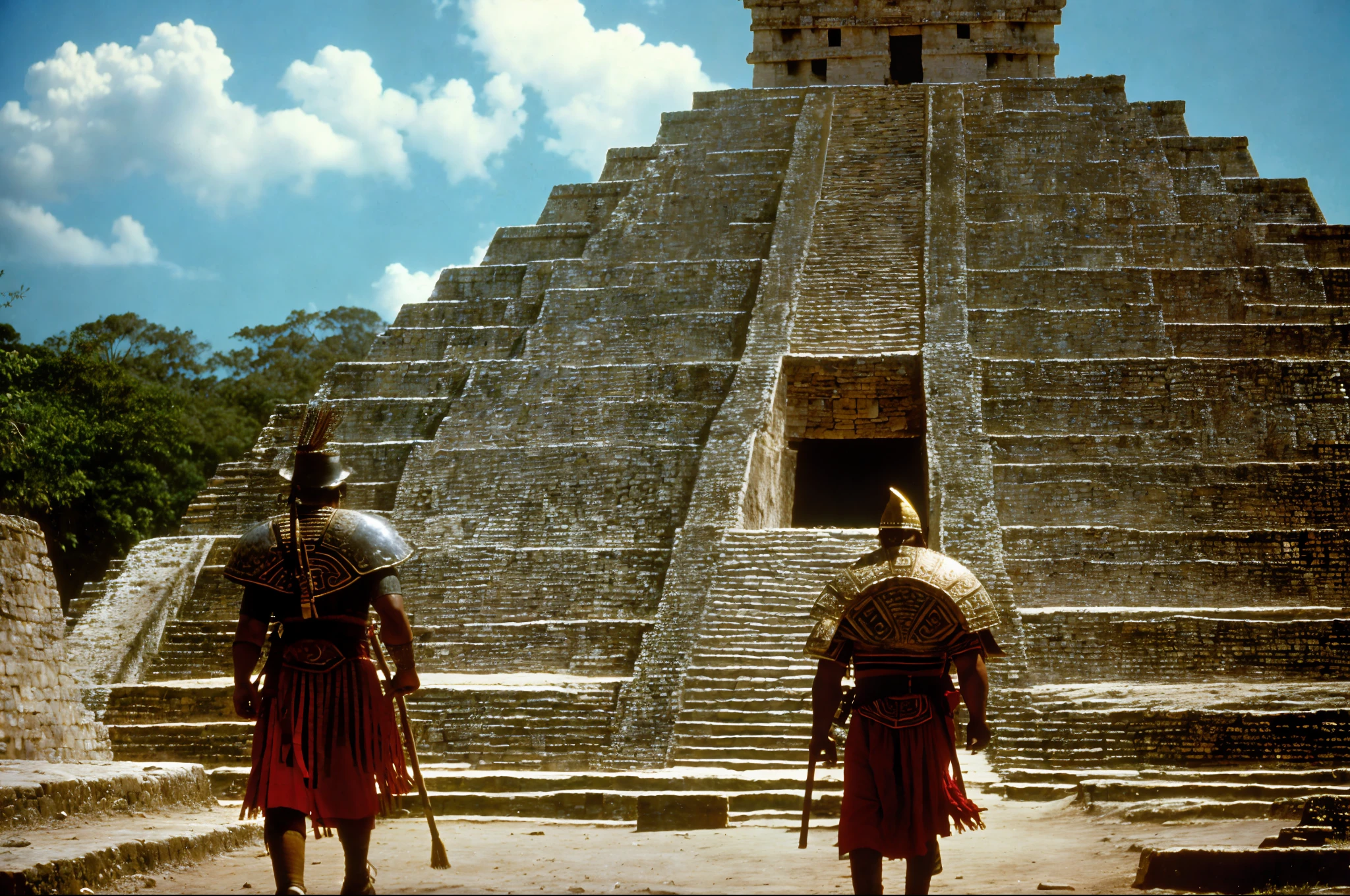 cinematic still of 1 warrior walking in front of Mayan Pyramids , Maya civilization, South American  
 (35mmstyle:1.1), front, masterpiece, 1970s film, , cinematic lighting, photorealistic, high frequency details, 35mm film, (film grain), film noise,