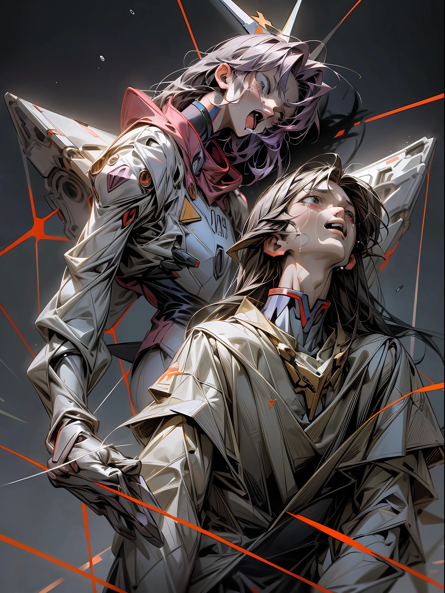 mashup of Evangelion Unit-01 and Gundam, Evangelion anime reference, do the Jesus Chris pose, epic, aura, masterpiece, ultra detailed, ray tracing, desperate, sadness, shout, open mouth, crying