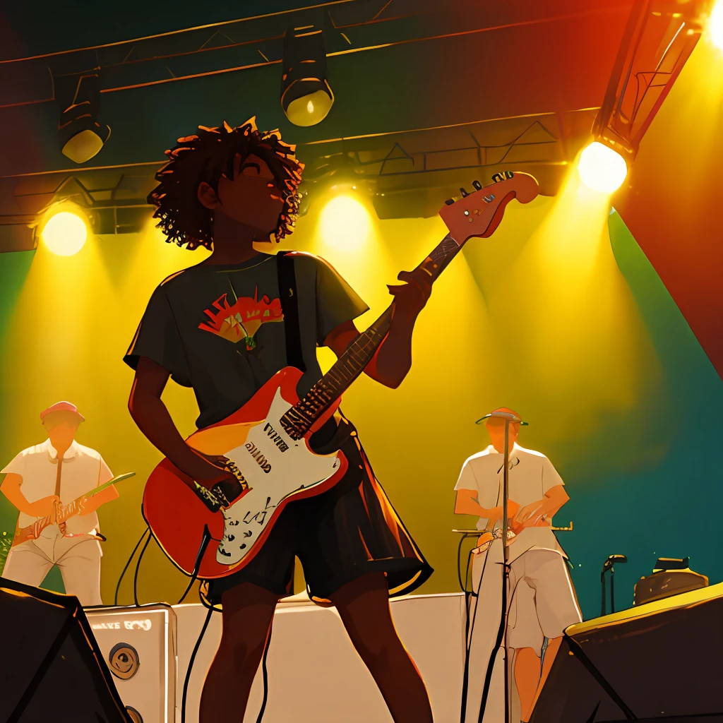 Black ager playing guitar with a band on a stage