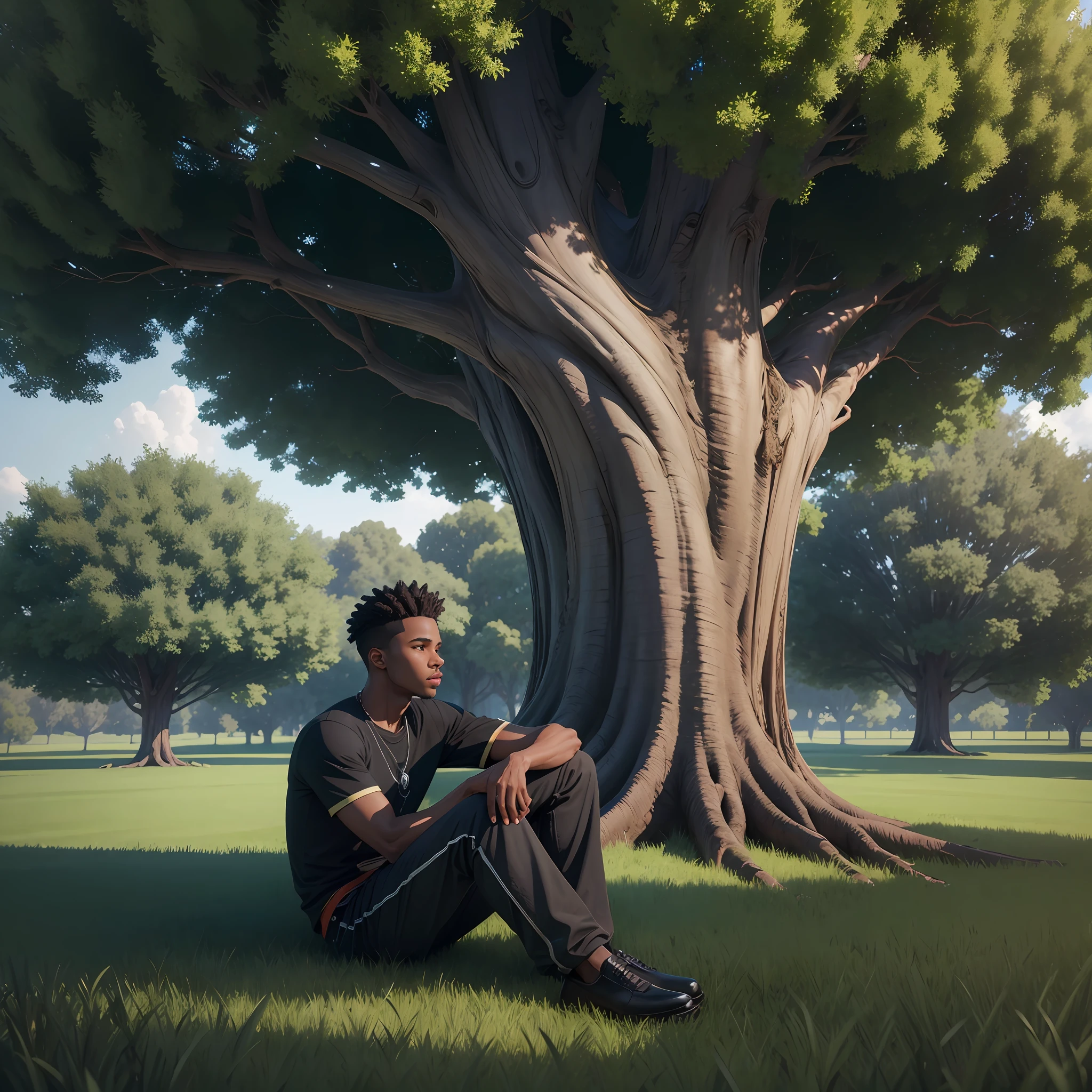 8k image, realistic, stylized 3d, big tree in the background, in the foreground a lawn that extends and goes through the tree, under the tree, there is a black boy, handsome, sitting, leaning against the tree, resting
