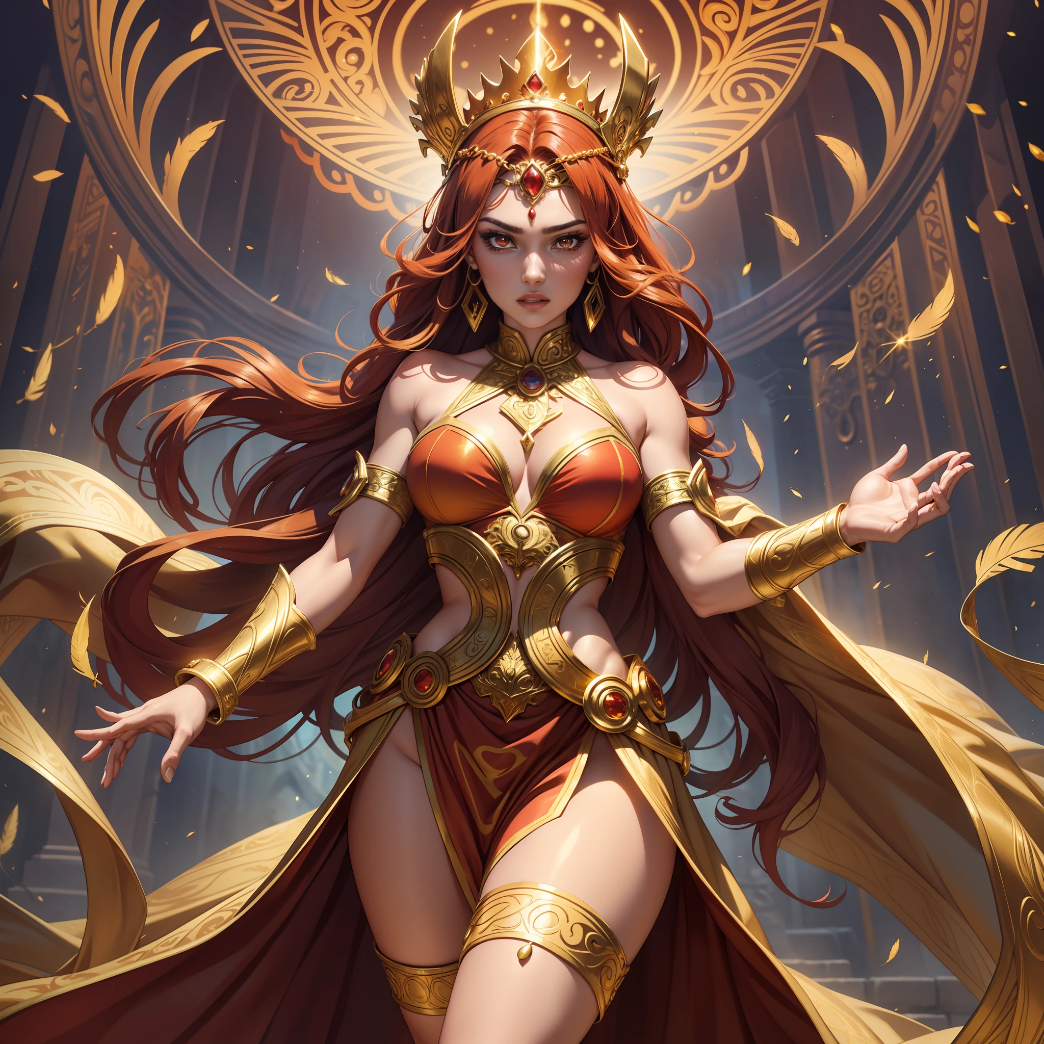 Gender: Female

Age: Early 30s

Height: Tall and statuesque

Build: Athletic and well-toned

Hair: Fiery red, long and flowing, with strands of gold or copper highlights

Eyes: Intense and piercing, glowing with a golden or amber hue

Skin: Olive complexion, with a subtle radiance that gives her an ethereal quality

Costume: A form-fitting mutant costume in vibrant shades of gold and crimson. The costume features intricate patterns resembling feathers or flames, symbolizing her belief-dependent essokinesis and belief magic powers. It incorporates flowing, diaphanous fabric that billows around her, adding a sense of dynamism and elegance to her appearance.

Accessories: Gabrielly wears a headdress or crown adorned with intricate symbols and jewels, representing her connection to belief and magic. She also wears bracers or arm bands etched with ancient symbols, amplifying her powers and adding a touch of mystique to her ensemble.

Overall Appearance: Gabrielly emanates strength and grace. Her fiery red hair and glowing golden eyes make her a captivating figure. Her olive skin, with its subtle radiance, adds to her ethereal presence. The vibrant gold and crimson mutant costume, with its flowing fabric and intricate patterns, highlights her belief-based abilities. The headdress or crown, along with the bracers or arm bands, accentuate her connection to magic and belief, completing her regal and powerful appearance.