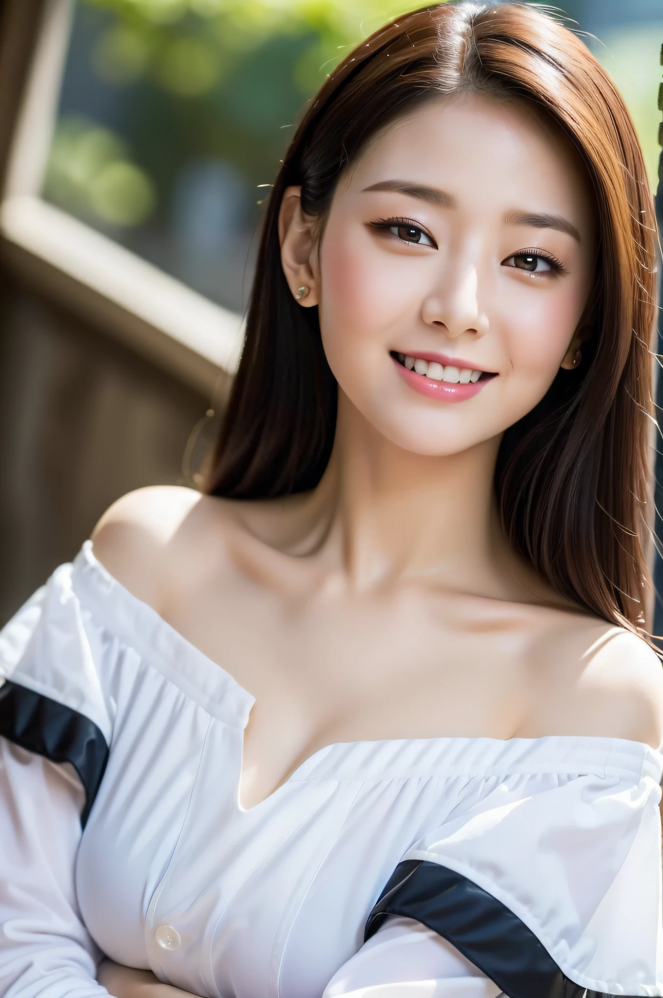 ((top quality, 8k, masterpiece: 1.3)), sharp focus: 1.2,1 Cute Japan Woman Pictures: 1.4, black hair, medium breasts, wearing a white blouse, extremely detailed eyes and face, sharp pupils, realistic pupils, sharp focus, cinematic lighting, off-shoulder, happy smiling