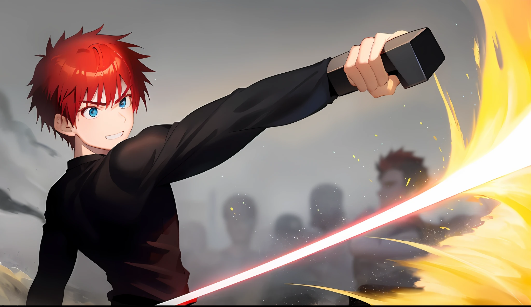 A young boy with white skin, short red hair, anime hair, straight hair, red hair, slightly spiky hair, wavy hair, slin body, fitness body, strong body, holding a sword, fierce blue eyes, smiling, black clothes (black shirt and black pants),serious look, lighting, realistic lighting, Radiosity, particle rain, realistic particles.