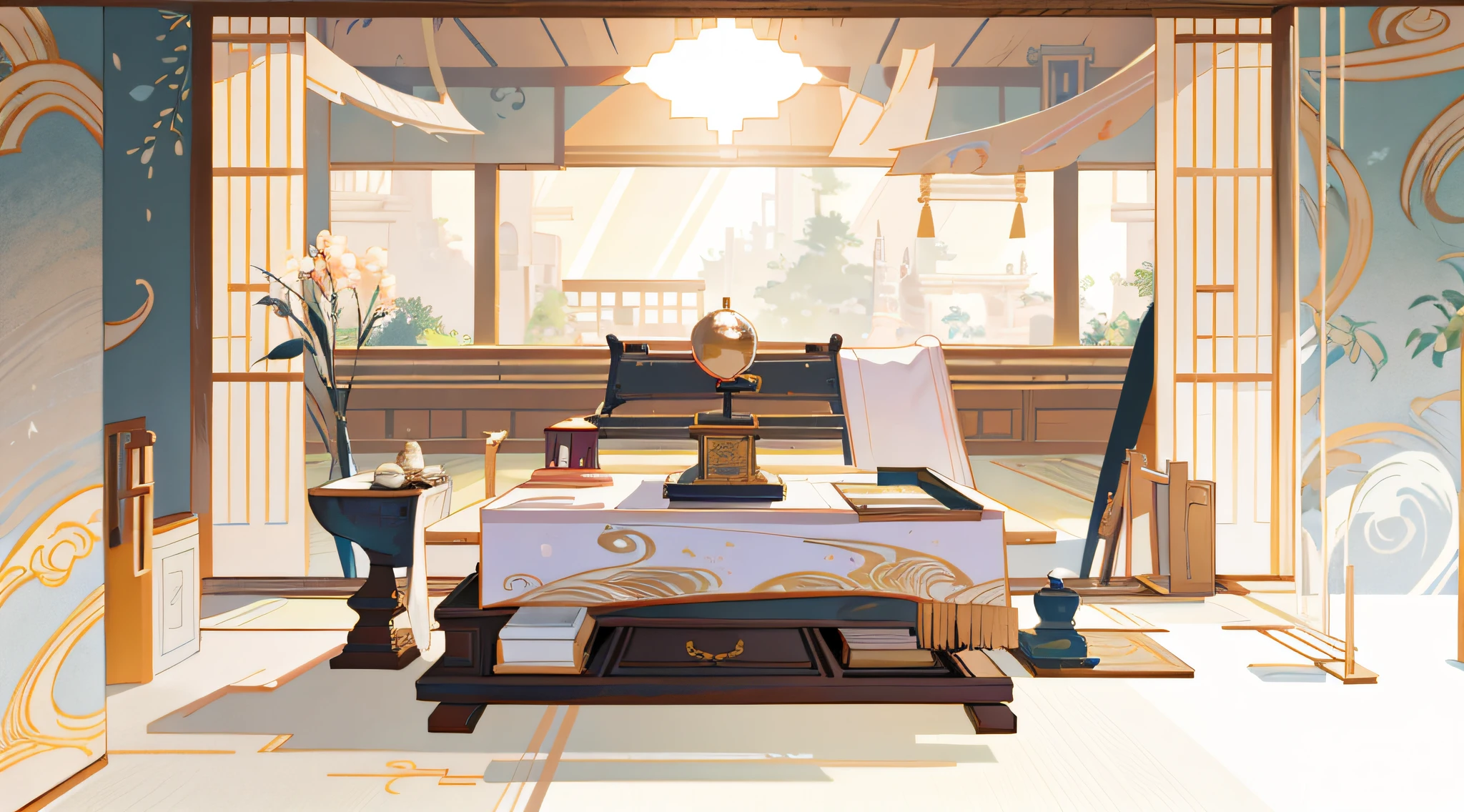 There is a painting of a room with table and chairs, paper material surface, distant light source, different tones, background art, Onmyoji art, Zen temple background, background depicting temple, interior background art, anime background art, random background scene, background artwork, anime landscape concept art, 2D game environment design, temple background, relaxation concept art, landscape game concept art, alchemist library background, personal room background