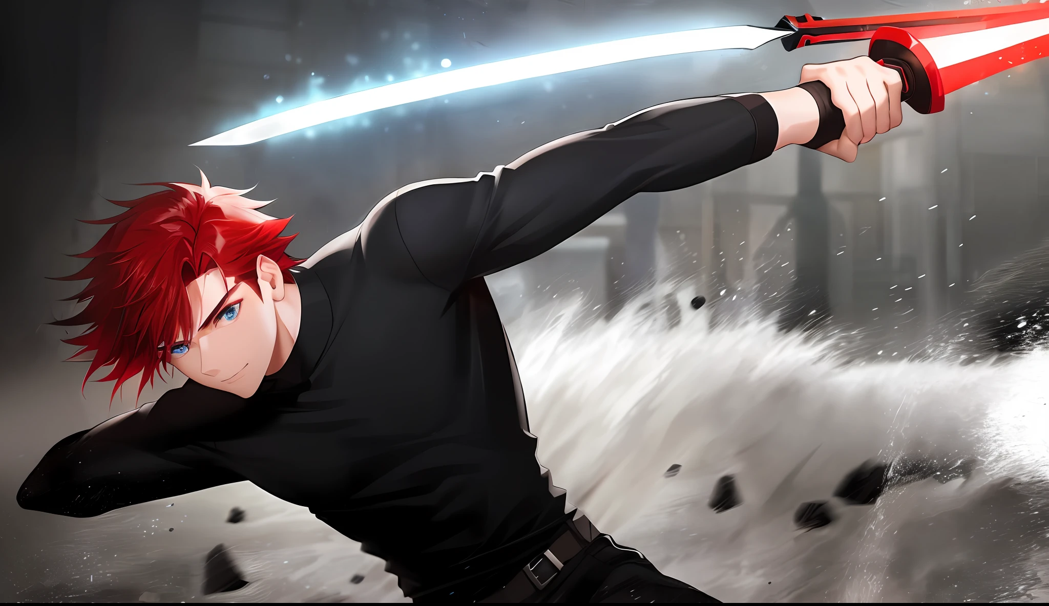 A young boy with white skin, short red hair, anime hair, straight hair, red hair, slightly spiky hair, wavy hair, slin body, fitness body, strong body, holding a sword, fierce blue eyes, smiling, black clothes (black shirt and black pants),serious look, lighting, realistic lighting, Radiosity, particle rain, realistic particles.