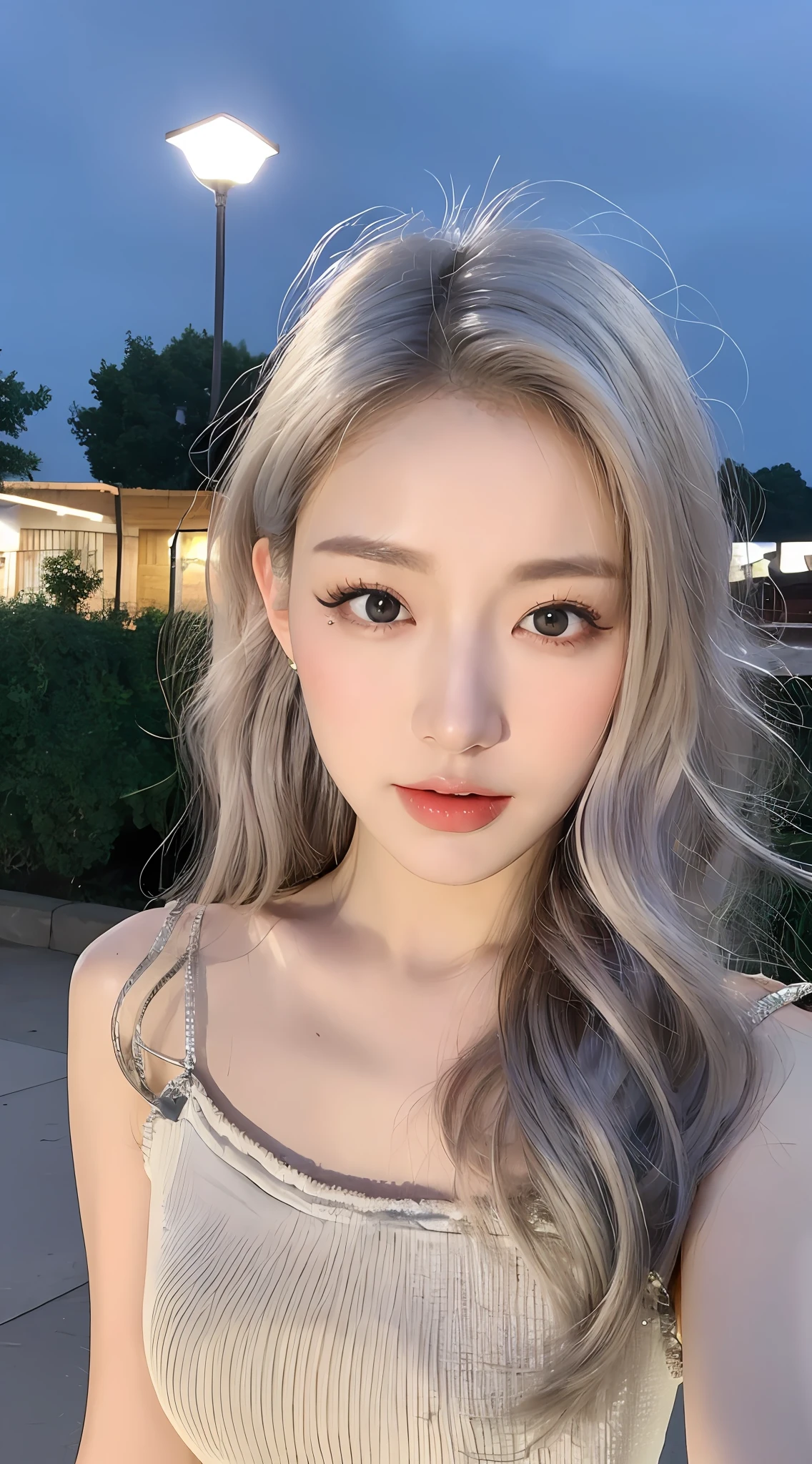 ((Realistic lighting, Best quality, 8K, Masterpiece: 1.3)), Clear focus: 1.2, 1girl, Perfect body beauty: 1.4, Slim abs: 1.1, ((Bright silver hair, medium breasts: 1.3)), cowgirl pose, (Outdoor, night: 1.1), City street, Super fine face, fine eyes, double eyelids, curly hair