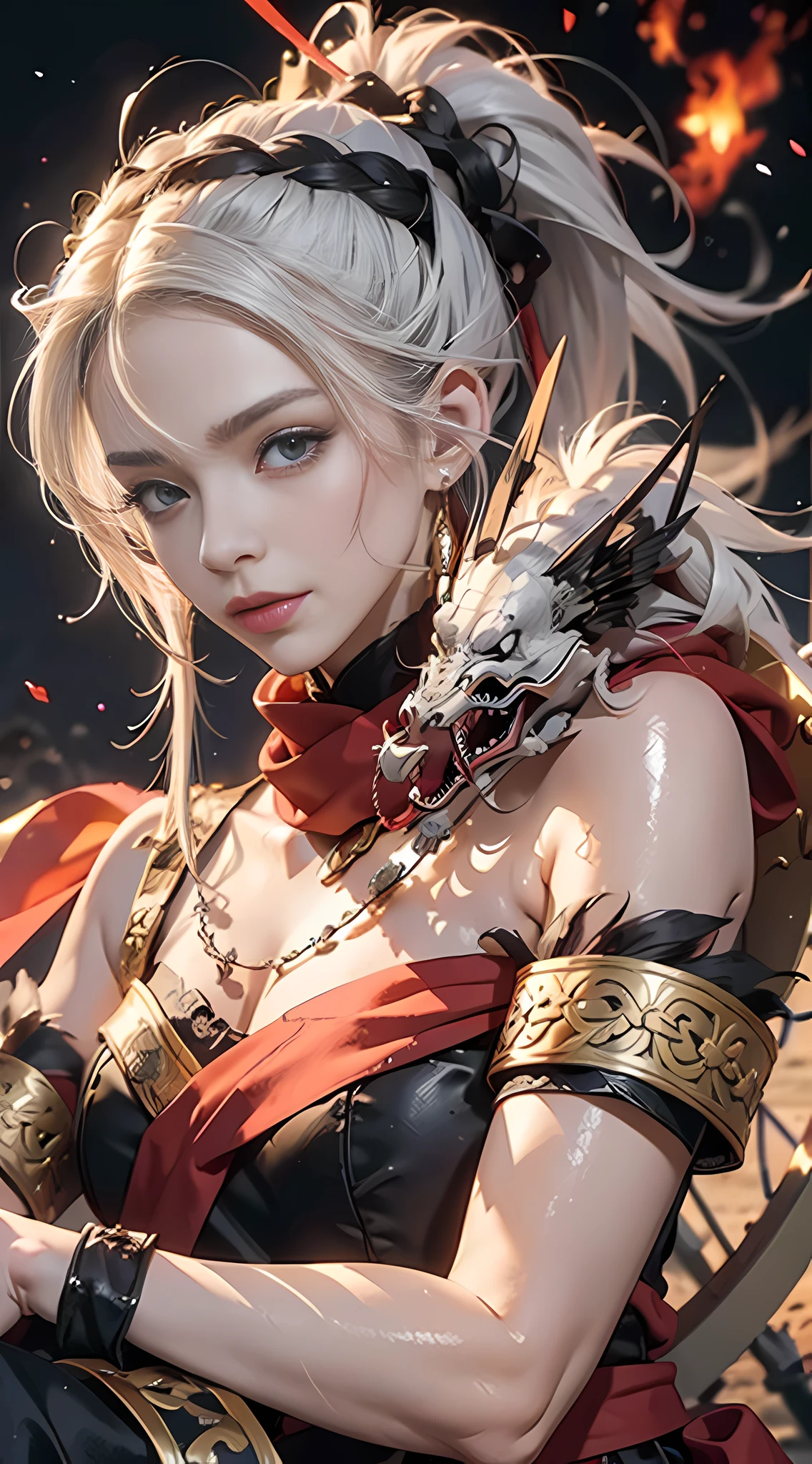 ((Very high quality picture, HD +8K)), ((Chinese style, long white hair tied in a ponytail, gorgeous brocade guard: 1.2, red scarf with the wind, young woman: 2.5, facial details: 1.5, fire: 1:1, ice: 1:1)), expression painting, delicate and beautiful woman with facial features, Stick the long sword on the ground and sit on the throne of bones that has escaped most of the shell, the sword is surrounded by human skeletons, and the black dragon flies behind, the creativity is dark.