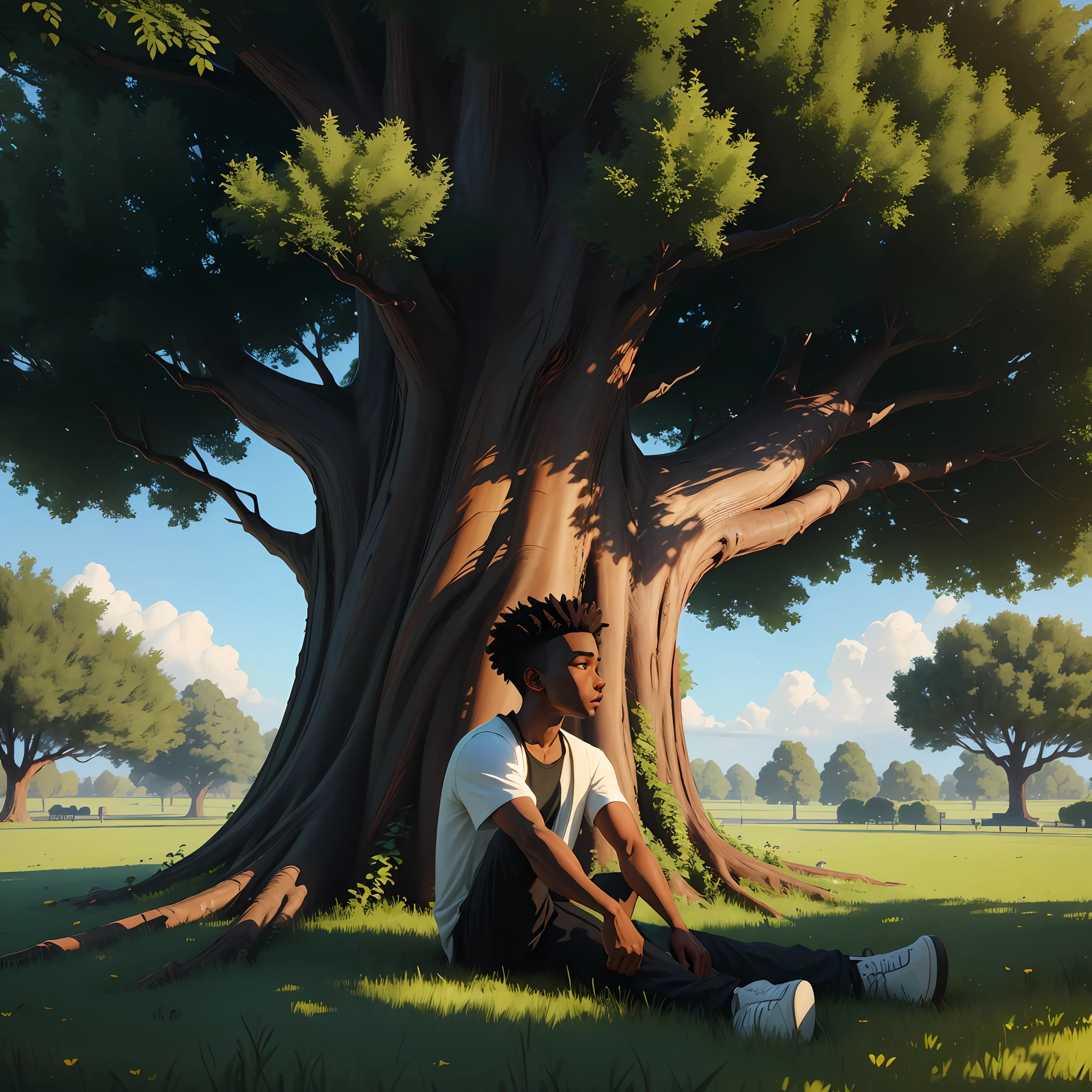 8k image, realistic, stylized 3d, tall tree in the background, in the foreground a lawn that extends and passes through the tree, under the tree, there is a black boy, beautiful, sitting, leaning against the tree, resting