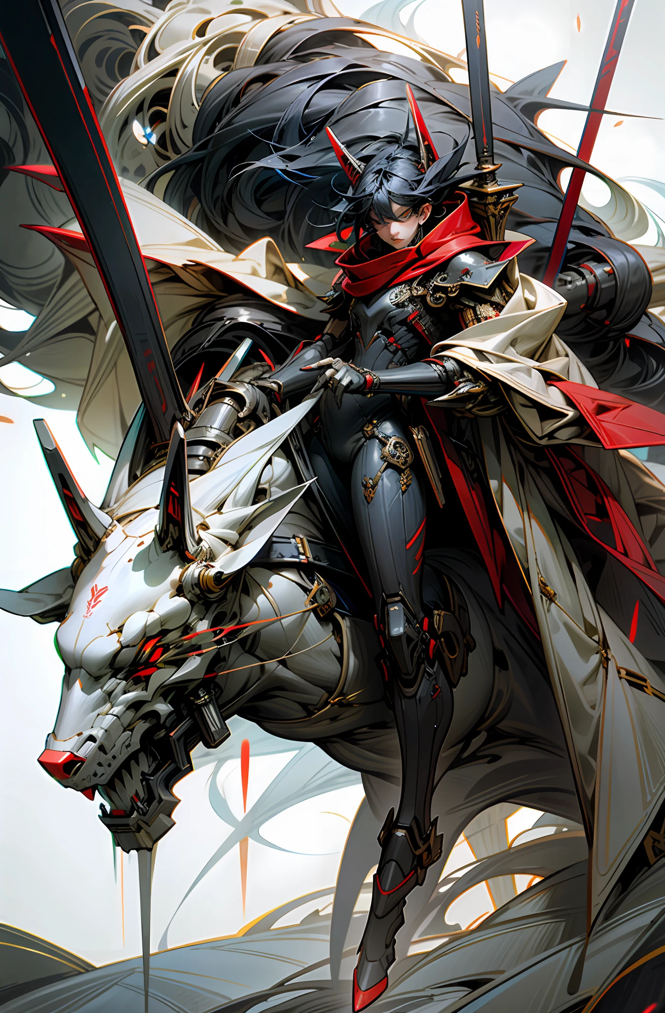 Dark_Fantasy, Cyberpunk, (Mecha holding a Fang Tian Halberd, riding a white steed, Red: 1.1), 1 person, mechanical miracle, robot existence, cybernetics guardian, beauty