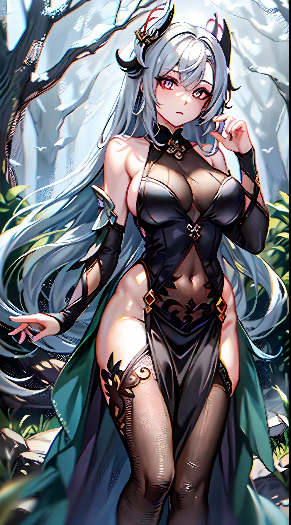 highres, best quality, high resolution, masterpiece, 1girl, solo, shenhe (genshin impact), long hair, silver hair, big breast, rainbow eyes, hair ornament, gorh dress, darkness, dark forest, sinister look, gothic jewelry, dark fantasy, full body