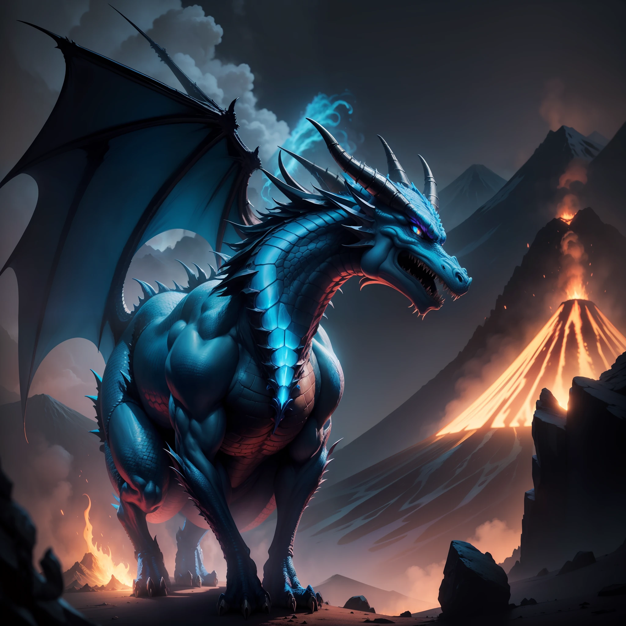 "A sinister dragon, neon blue in color with ultra-detailed details, on a volcano background with dramatic lighting."