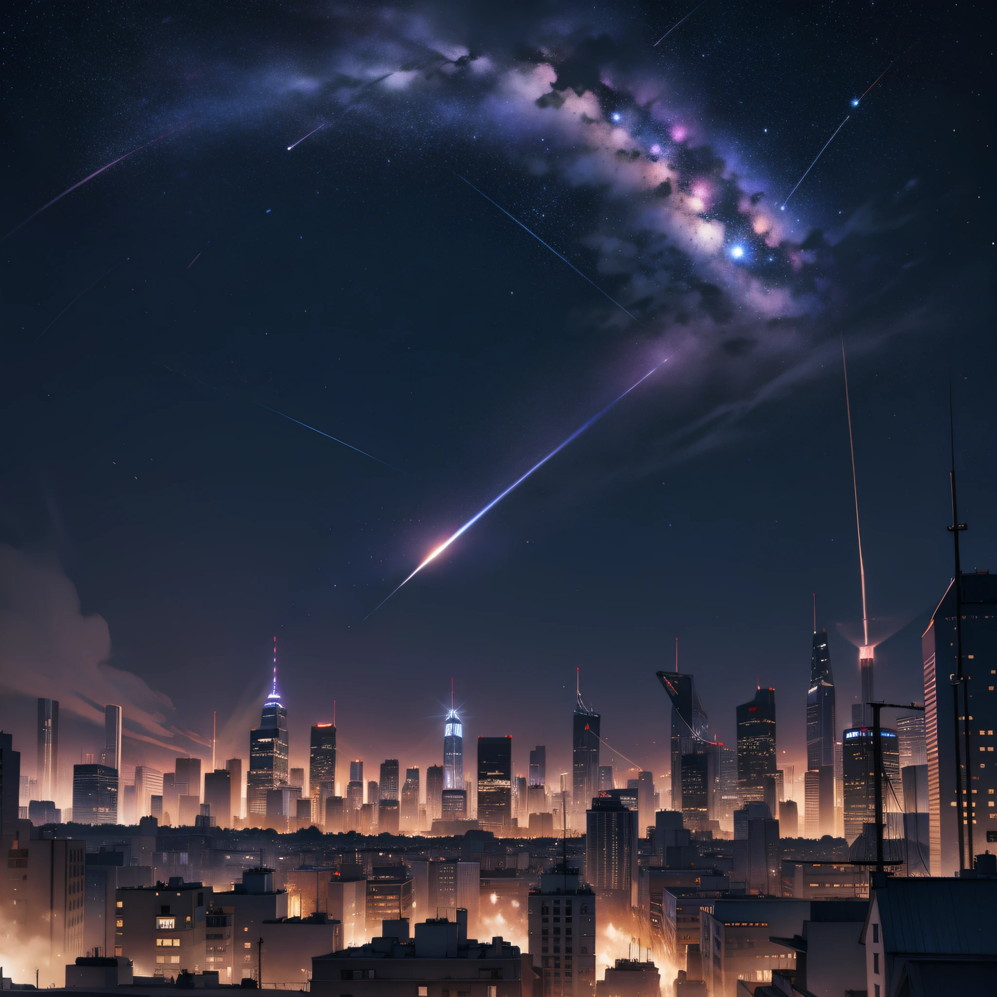 Meteor falling, cities, dark clouds