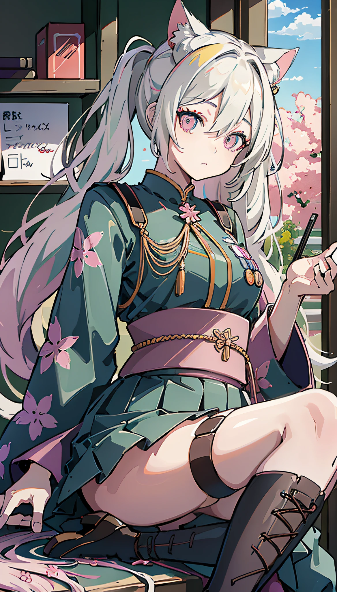 Colorful hair and colorful dress in anime ((cat-eared 1girl)), kimono pastel vivid, rossdraws cartoon vivid, anime style 4k, beautiful anime portrait, artgerm colorful!!!、! dream art germ, beautiful anime, cat ear 1girl, anime style digital art, anime art wallpaper 4k, anime art wallpaper 4k, digital anime art, highly detailed art germ, commander uniform, stockings, full body, sitting in her office, white haired