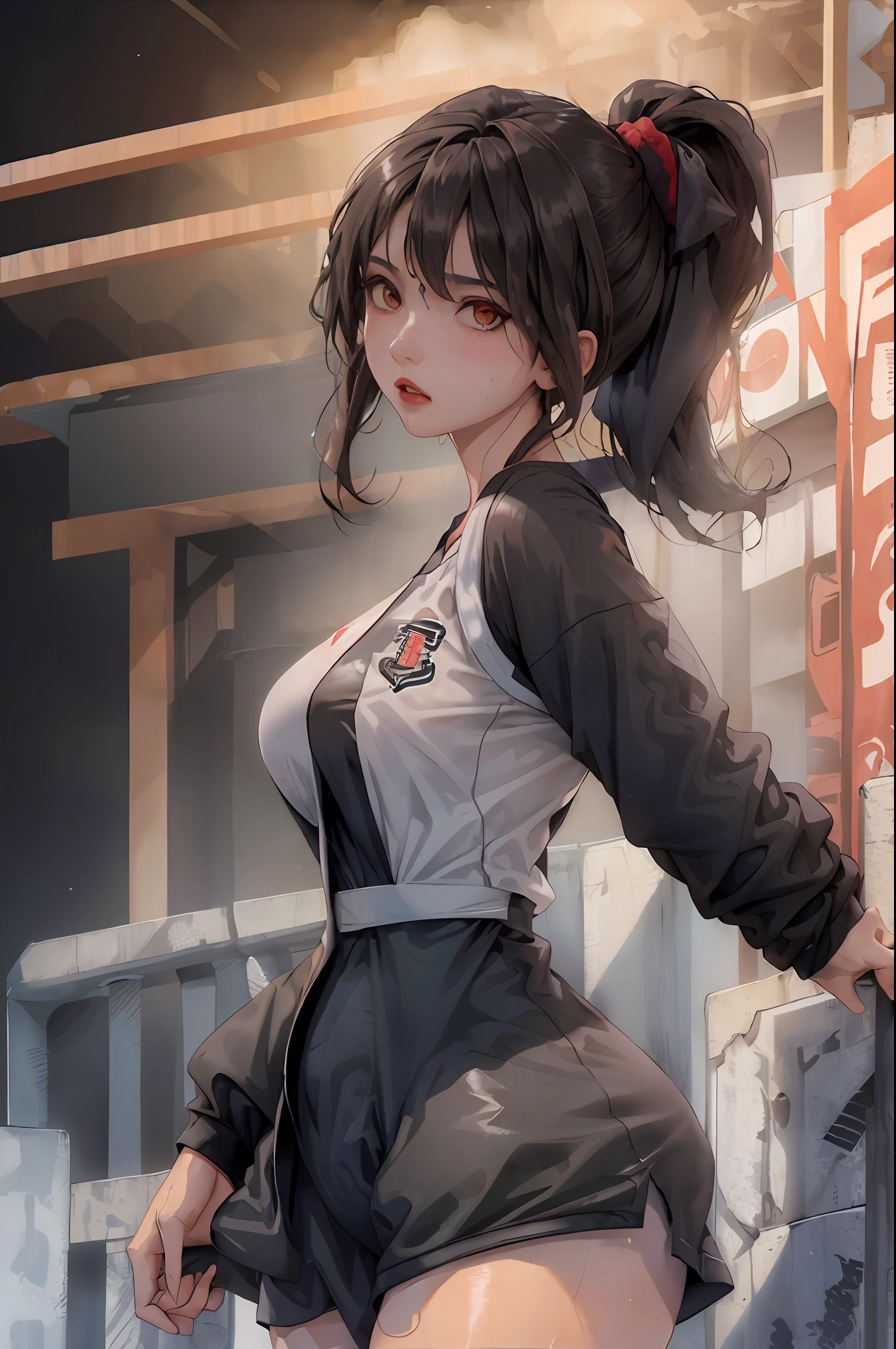 Masterpiece: 1.2, best quality), realistic, (real picture, rich details details, depth of field), (1girl, solo), makeup, cleft lip, high detail, perfect face shape, (big breasts: 1.4), (skindentation), thick thighs, wide buttocks, Thin waist, tall, coral, red lips, red eyes, ponytail, (((((basketball girl, transparent black basketball suit)))), (sweat: 1.2), (wet), sexy, blushing, sweaty