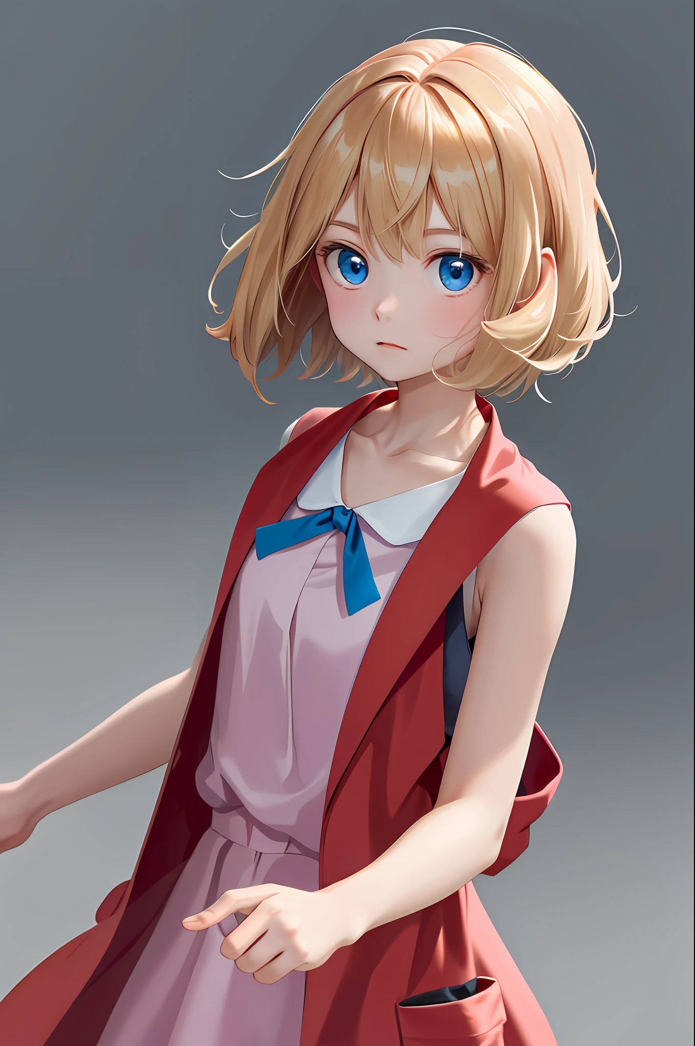 masterpiece, best quality, highres, serena \(pokemon\), short hair, blue eyes, 1girl, solo, blue ribbon, eyelashes, neck ribbon, sleeveless, bangs, collarbone, bare arms, pink dress , red coat, white background, front, no scenery, looking at the viewer,upper body, facing viewer, solid color background, clean background, facing the camera, high resolution, expressionless calm face, white back ground, looking away, simple_background