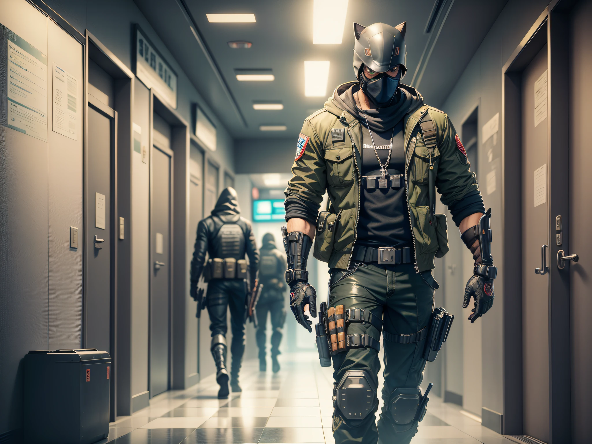 In the hallway there is a man in a mask and a gun, bank heist movie, stealth suit, 2D rendered character art 8 K, cyberpunk street thug, bank robbery movie, avant-garde teen assassin, security agent, Jetstream Sam from Gear Solid, bank robbery, Metal Gear solid style, badass anime 8 K, background of Resident Evil game, video game characters, money grab