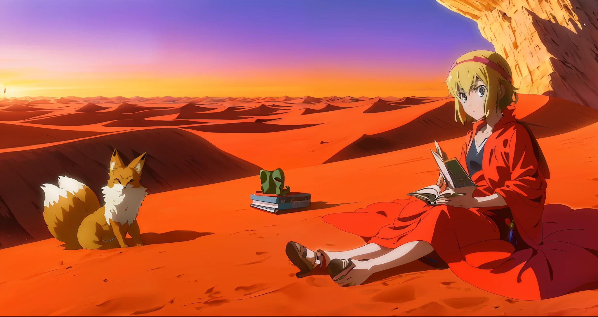 anime scene of a girl sitting on a desert with a book and a fox, colorful anime movie background, anime movie background, in a serene vast desert, somewhere in sands of the desert, krenz cushart and artem demura, in the desert, at the desert, in a desert, in desert, in the middle of the desert