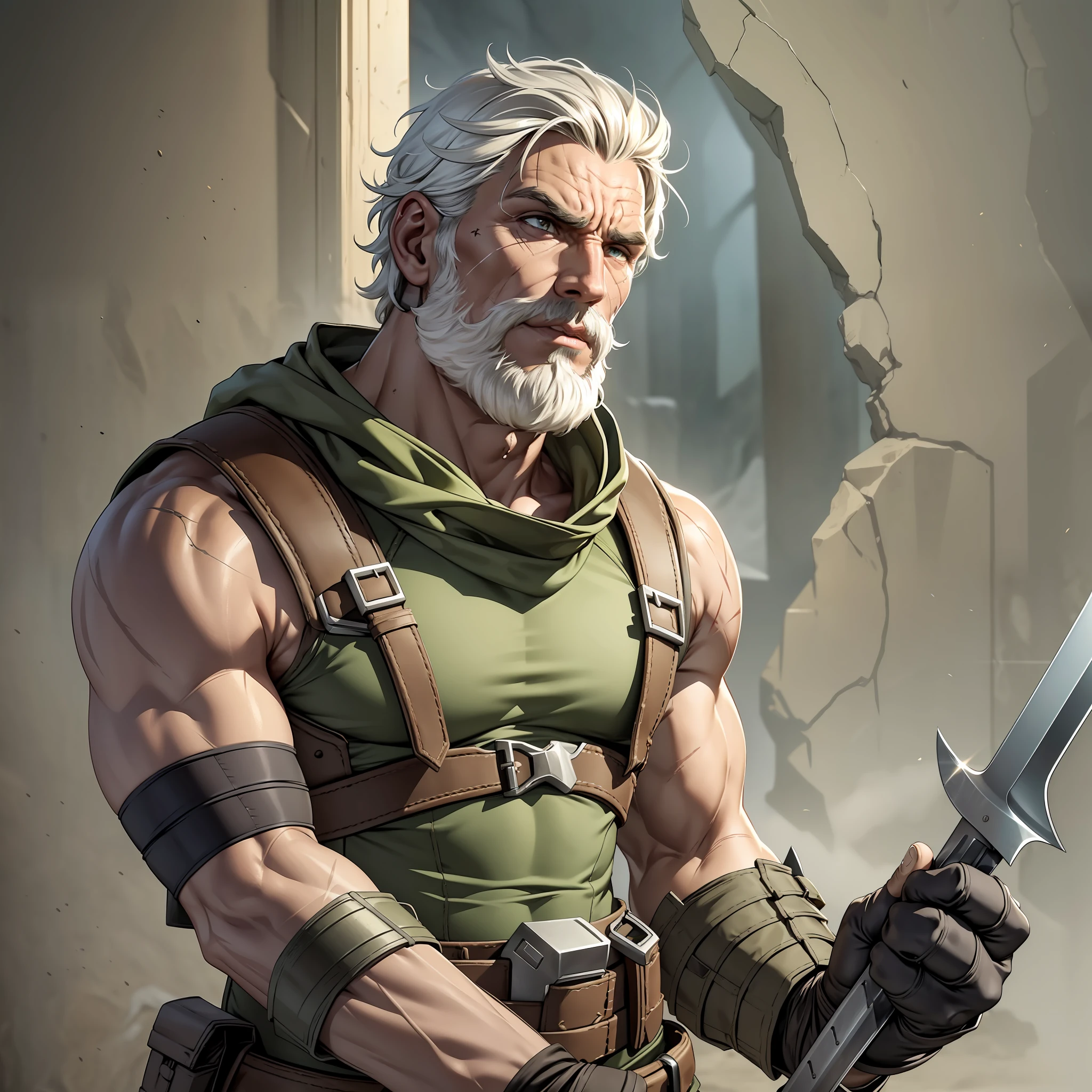 Age: Early 40s

Height: Above-average height

Build: Strong and muscular

Hair: Salt-and-pepper gray, cropped short with a rugged texture

Eyes: Penetrating and intense, with a steely gray color

Skin: Weathered complexion, with faint scars and a hint of tan

Costume: A tactical mutant costume in earthy tones of olive green and dark brown. The costume is designed for mobility and protection, featuring reinforced armor plates and flexible fabrics. It incorporates camouflage patterns that blend seamlessly with natural environments, enhancing Amedee's sand cutting and fissure abilities.

Accessories: Amedee wears a utility belt adorned with various tools and gadgets to aid him in combat and survival situations. He also carries a pair of gauntlets with retractable blades made from hardened sand, enabling him to channel and manipulate his sand cutting powers more effectively.

Weapons: Amedee wields a specially crafted sand-cutting blade, forged from a unique alloy that allows him to sever objects with ease. The blade has a serrated edge and is infused with his sand-based powers, making it capable of slicing through solid materials.

Overall Appearance: Amedee exudes a rugged and determined presence. His salt-and-pepper gray hair, coupled with his steely gray eyes, adds an air of wisdom and experience to his look. His weathered complexion and faint scars speak of a life filled with challenges and battles. The earth-toned tactical mutant costume, along with the utility belt and sand-cutting gauntlets, reflects his practical and combat-focused nature.