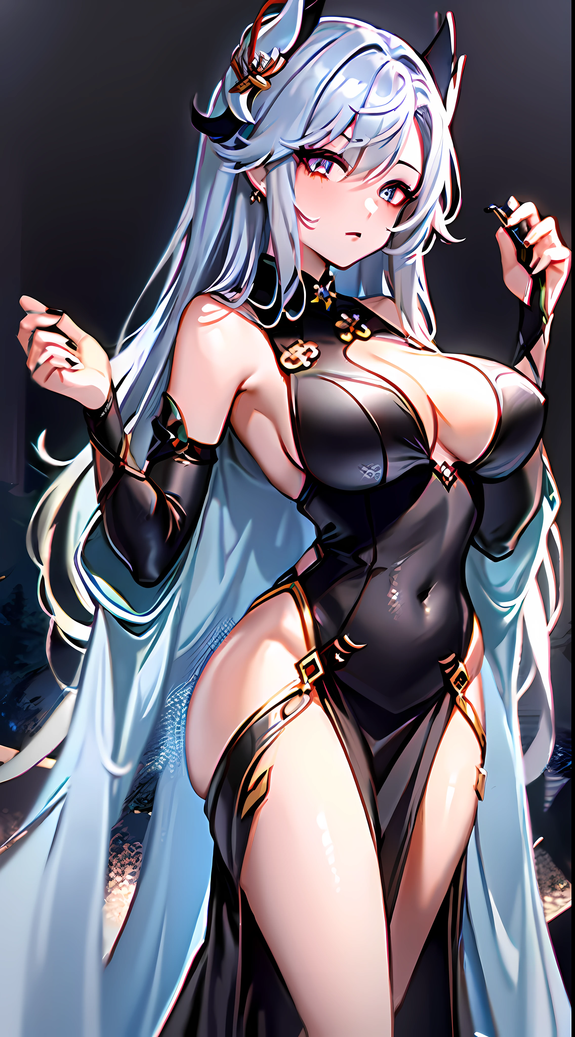 highres, best quality, high resolution, masterpiece, 1girl, solo, shenhe (genshin impact), long hair, silver hair, big breast, rainbow eyes, hair dark ornament, goth  dress, darkness, dark forest, sinister look, dress ornament goth, gothic jewelry, dark fantasy, full body