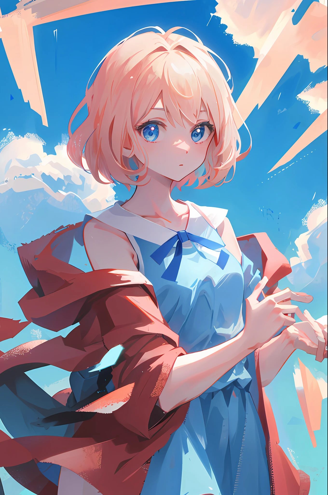 masterpiece, best quality, highres, serena \(pokemon\), short hair, blue eyes, 1girl, solo, blue ribbon, eyelashes, neck ribbon, sleeveless, bangs, collarbone, bare arms, pink dress , red coat, white background, front, no scenery, looking at the viewer,upper body, facing viewer, solid color background, clean background, facing the camera, high resolution, expressionless calm face, white back ground, looking away, simple_background