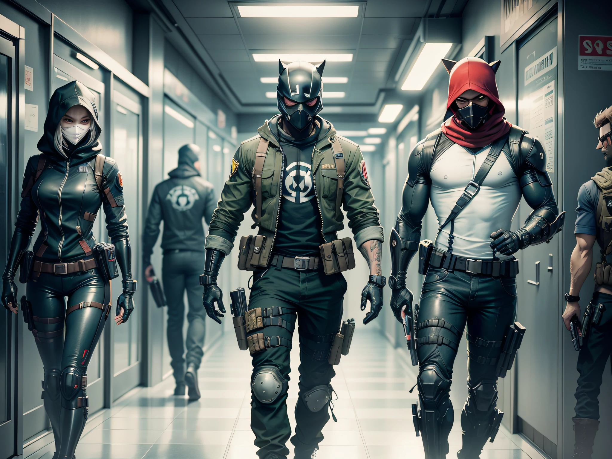 In the hallway there is a man in a mask and a gun, bank heist movie, stealth suit, 2D rendered character art 8 K, cyberpunk street thug, bank robbery movie, avant-garde assassin, security agent, Jetstream Sam from Gear Solid, bank robbery, Metal Gear solid style, badass anime 8 K, background of Resident Evil game, video game characters, money grab
